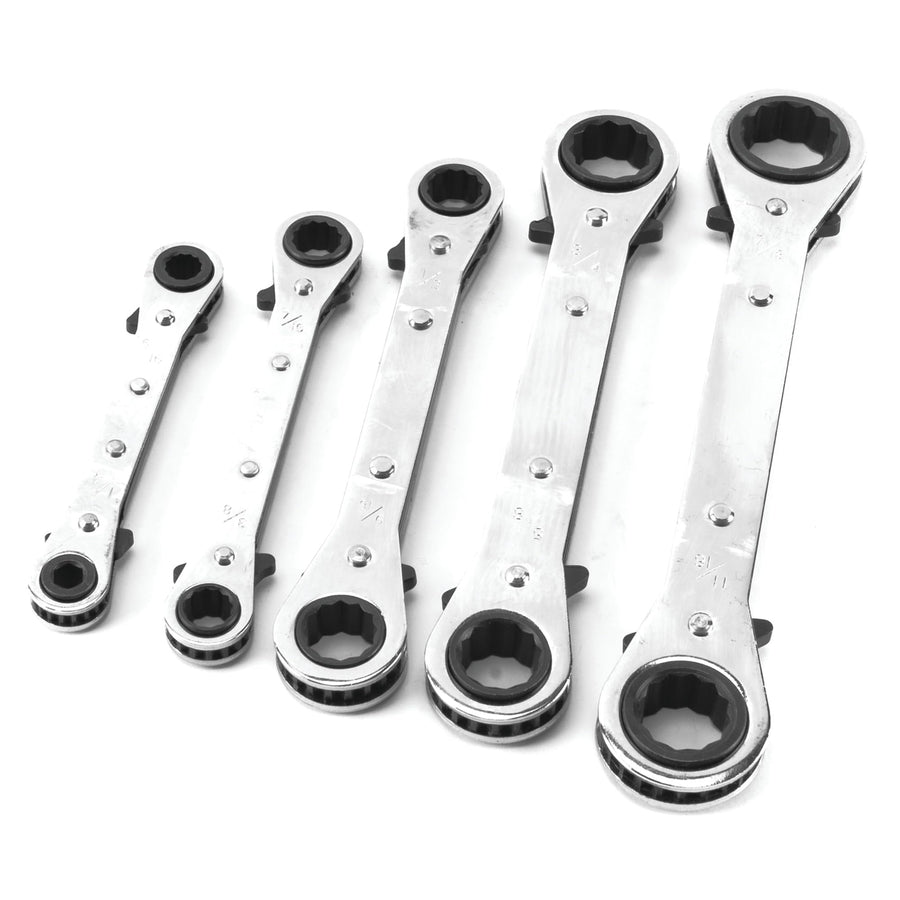 W709 Performance Tool SAE Reversible Ratcheting Wrench Set with 12 Point Box Ends, 5 Piece, 1/4-Inch to 11/16-Inch Sizes and Reusable Storage Rack