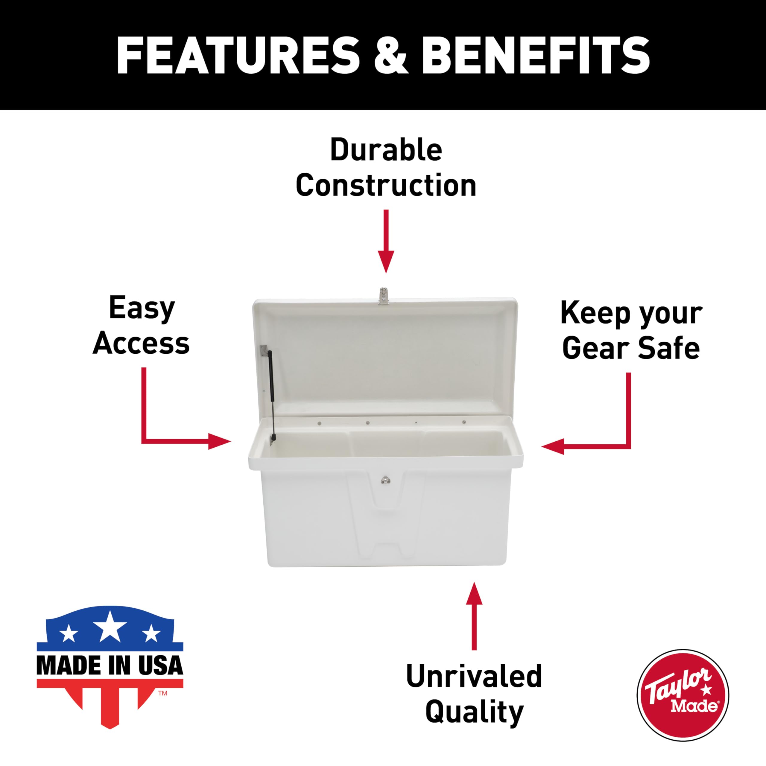 Taylor Made Low-Profile Stow 'N Go Fiberglass Dock Box, White (20" H x 40" W x 19" D) – Fiberglass construction, UV gelcoat finish, stainless steel lockable latch and hardware – 2020108640