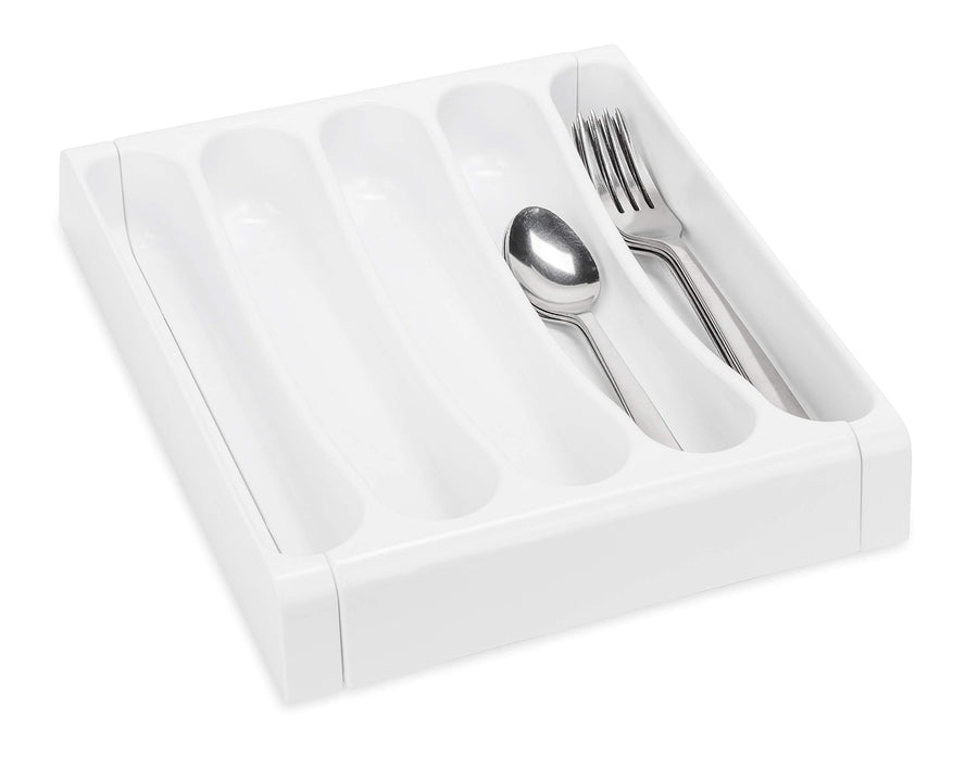 Camco Cutlery Adjustable Tray - Designed for RV and Compact Kitchen Drawers, Adjusts Between 9" and 13" for an Easy Custom Fit -White (43503)