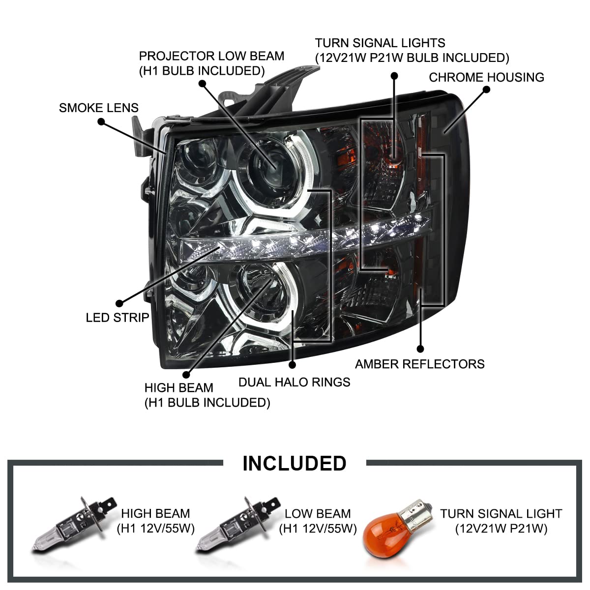 Smoke Halo Projector Headlights SPEC-D TUNING w/LED Compatible with 2007-2013 Chevy Silverado 1500, 2007-2014 Chevy Silverado 2500HD/3500HD, Left + Right Pair Headlamps Assembly