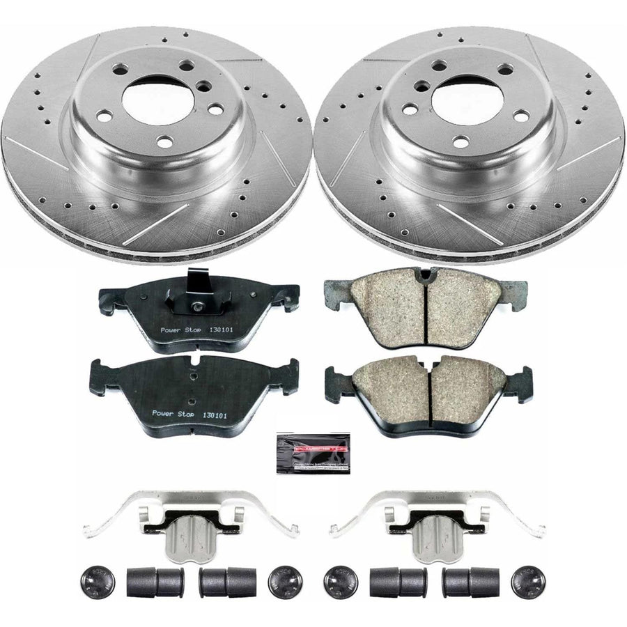 Power Stop K6032 Z23 Carbon Fiber Brake Pads Front with Drilled & Slotted Brake Rotors Kit and 1 Front Sensor Wire For BMW 528i 2011-2016, BMW 528i xDrive 2012-2016 [Model Specific]