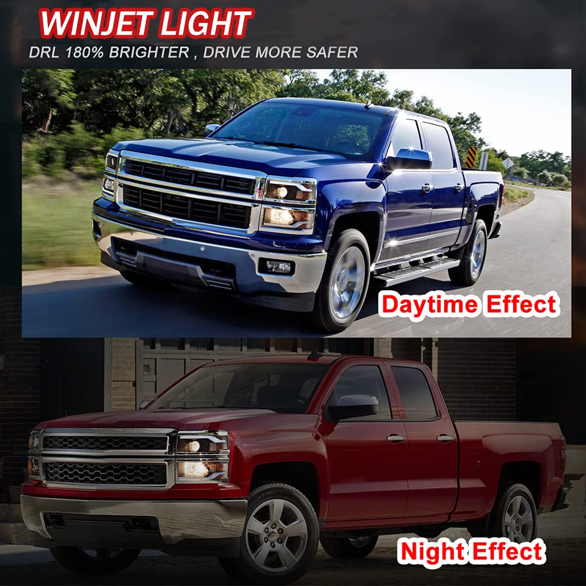 Winjet LED DRL Bar Projector Headlights Compatible with [2014-2015 Chevrolet Silverado 1500], Black (WJ10-0382C-04)