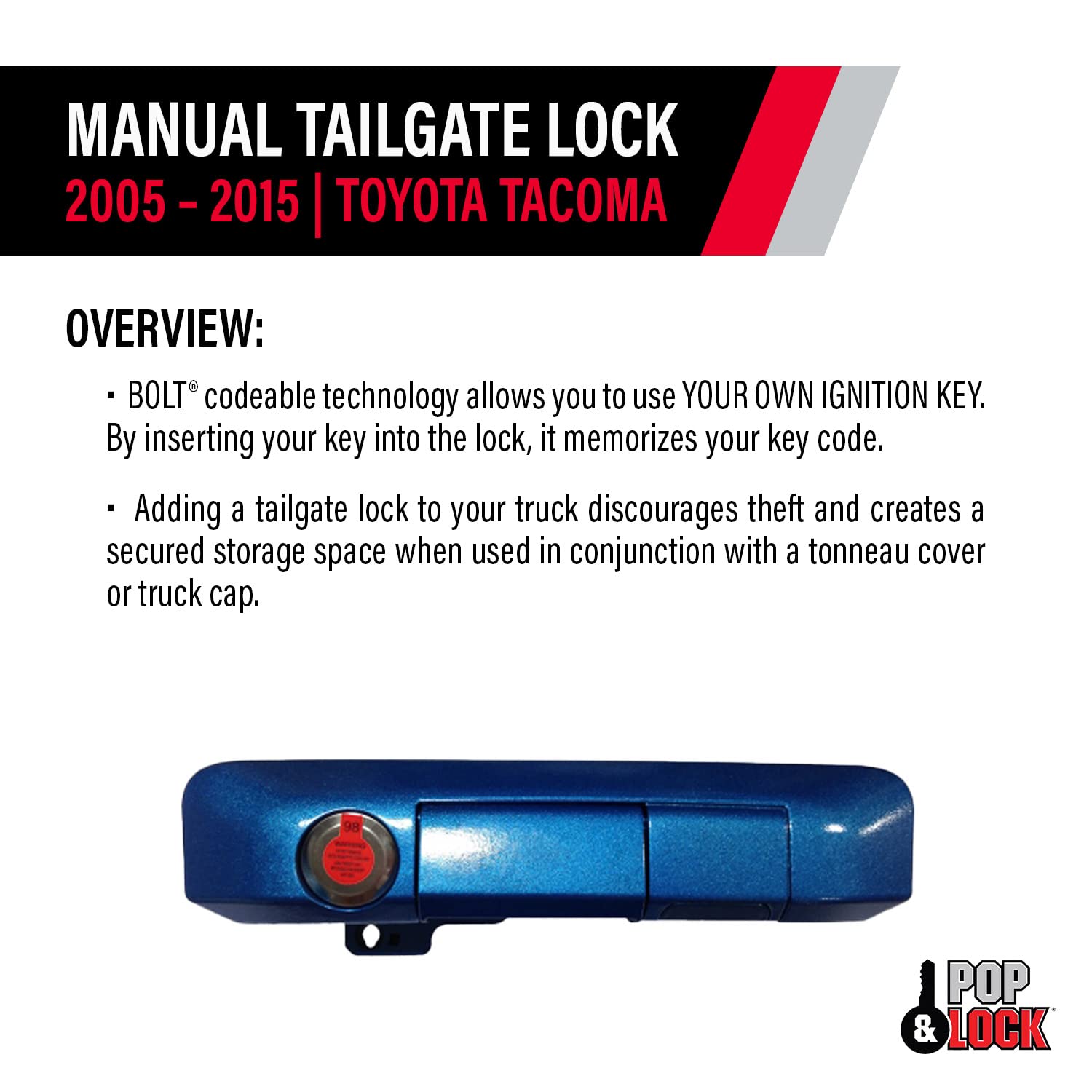 Pop & Lock PL5402 Manual Tailgate Lock with Bolt Codeable Technology for Toyota Tacoma Speedway Blue