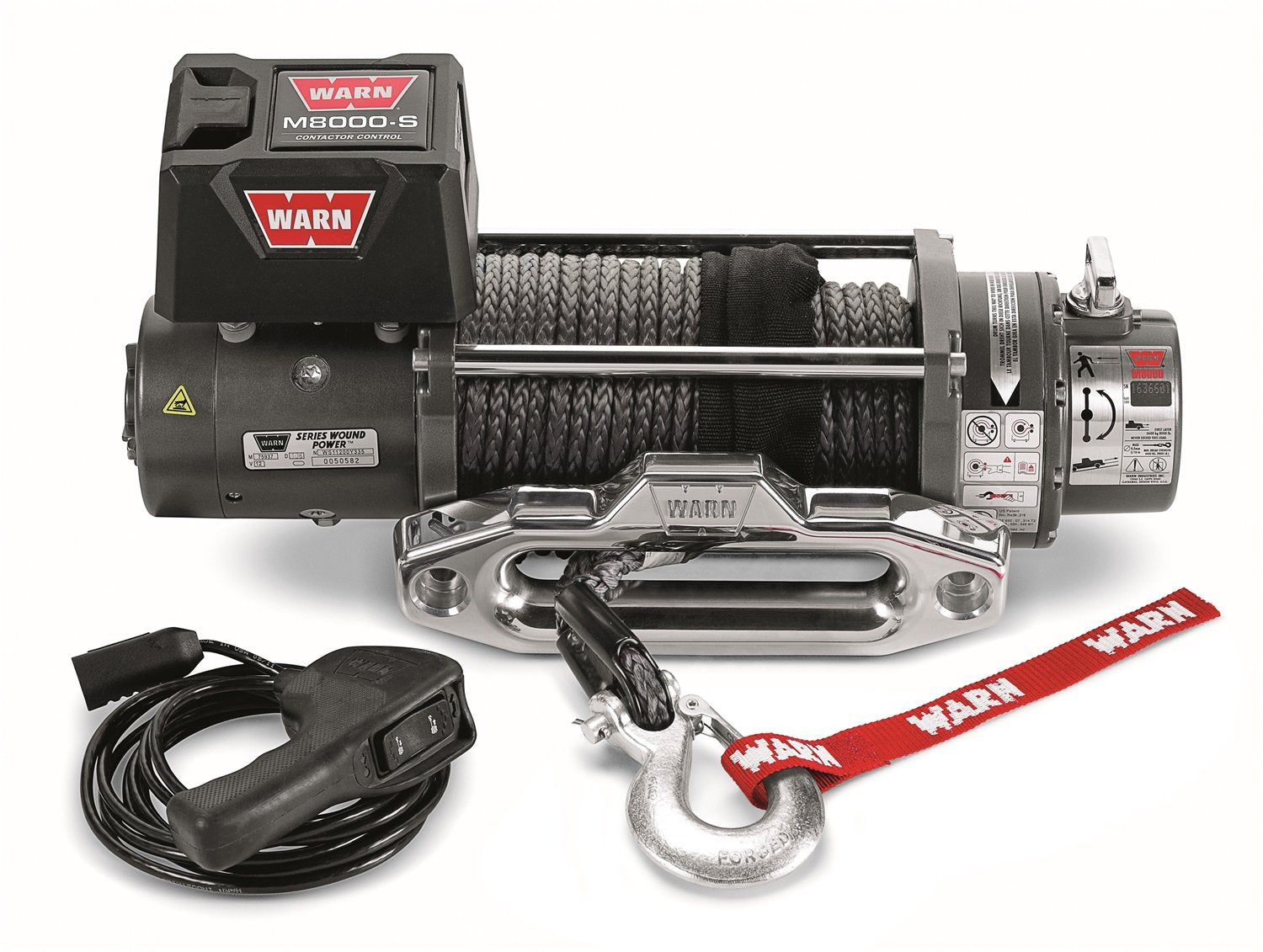 M8000-S Series WARN Electric 12V Winch with Synthetic Rope: 3/8" Diameter x 100' Length, 4 Ton (8,000 lb) Pulling Capacity