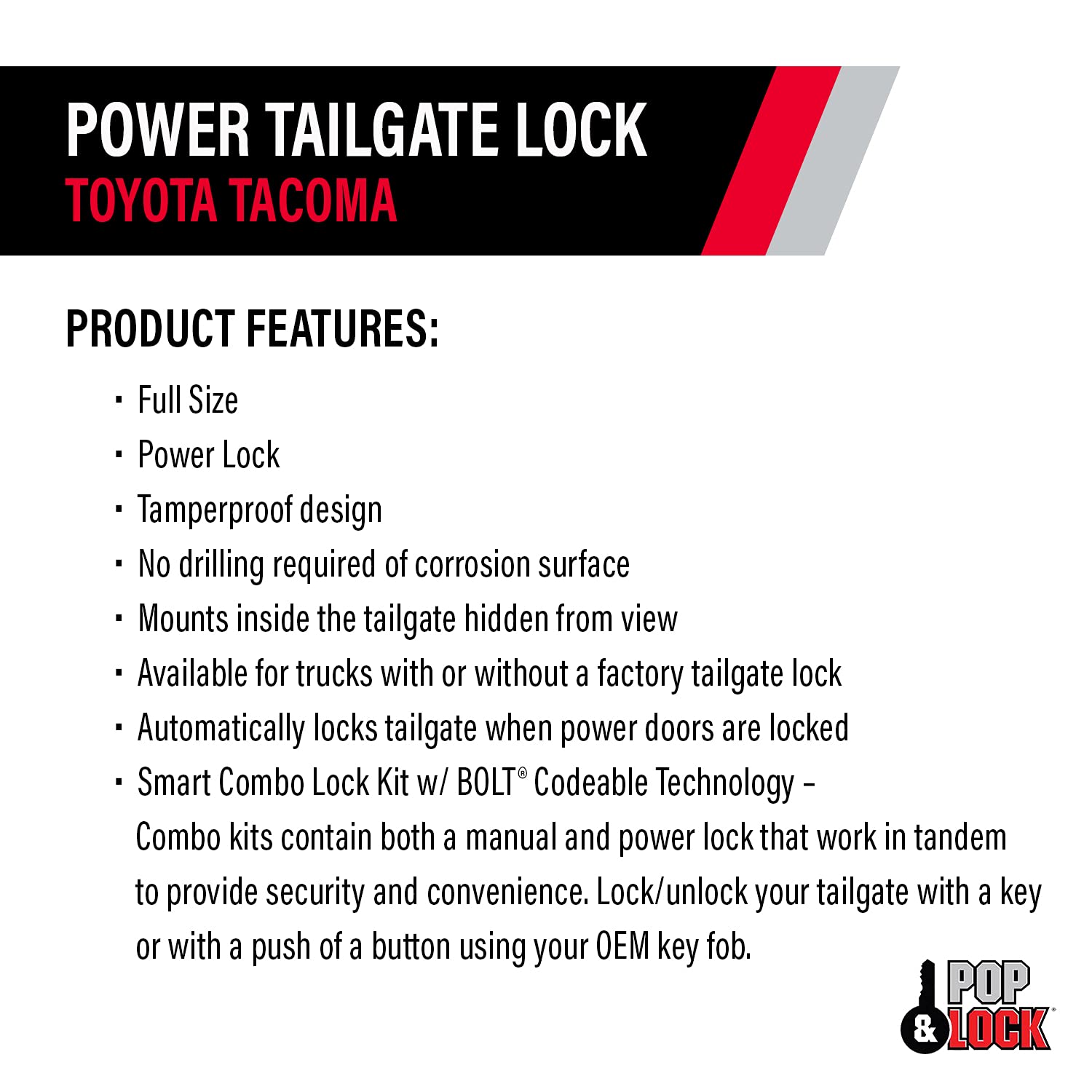 Power Tailgate Smart Lock Combo – Pop & Lock with Bolt Technology for Toyota Tacoma, Fits 2005 to 2015 Models (OEM Color Black, PL8540)