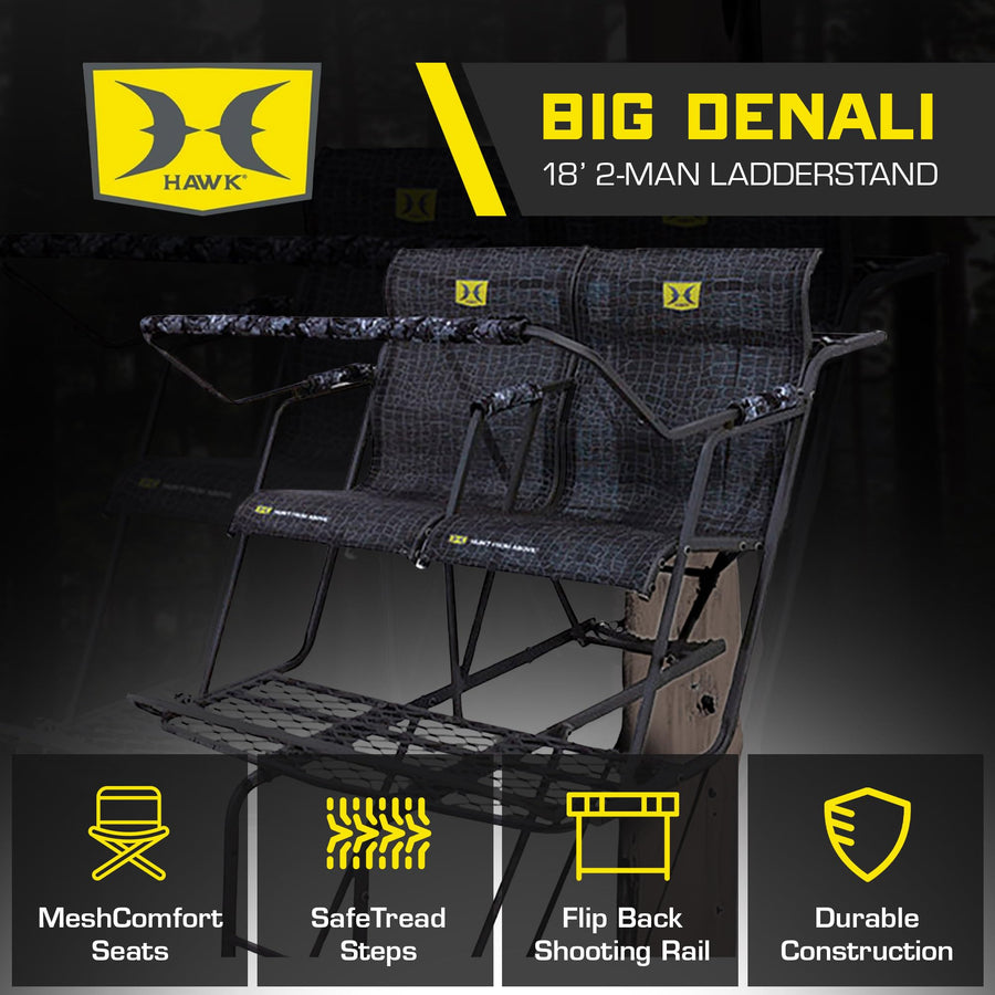 Hawk 2 Man Big Denali Climbing Tree Stand, 18 Foot Deer Hunting Ladderstand with Kick Out Footrests and Extra Large MeshComfort Seats