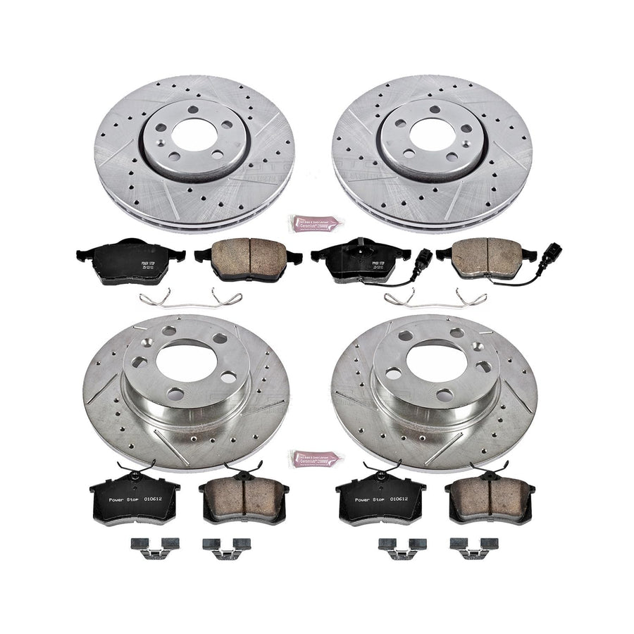 Power Stop K899 Z23 Carbon Fiber Brake Pads Front and Rear with Drilled & Slotted Brake Rotors Kit For VW Beetle, VW Golf, VW Jetta [Model Specific]