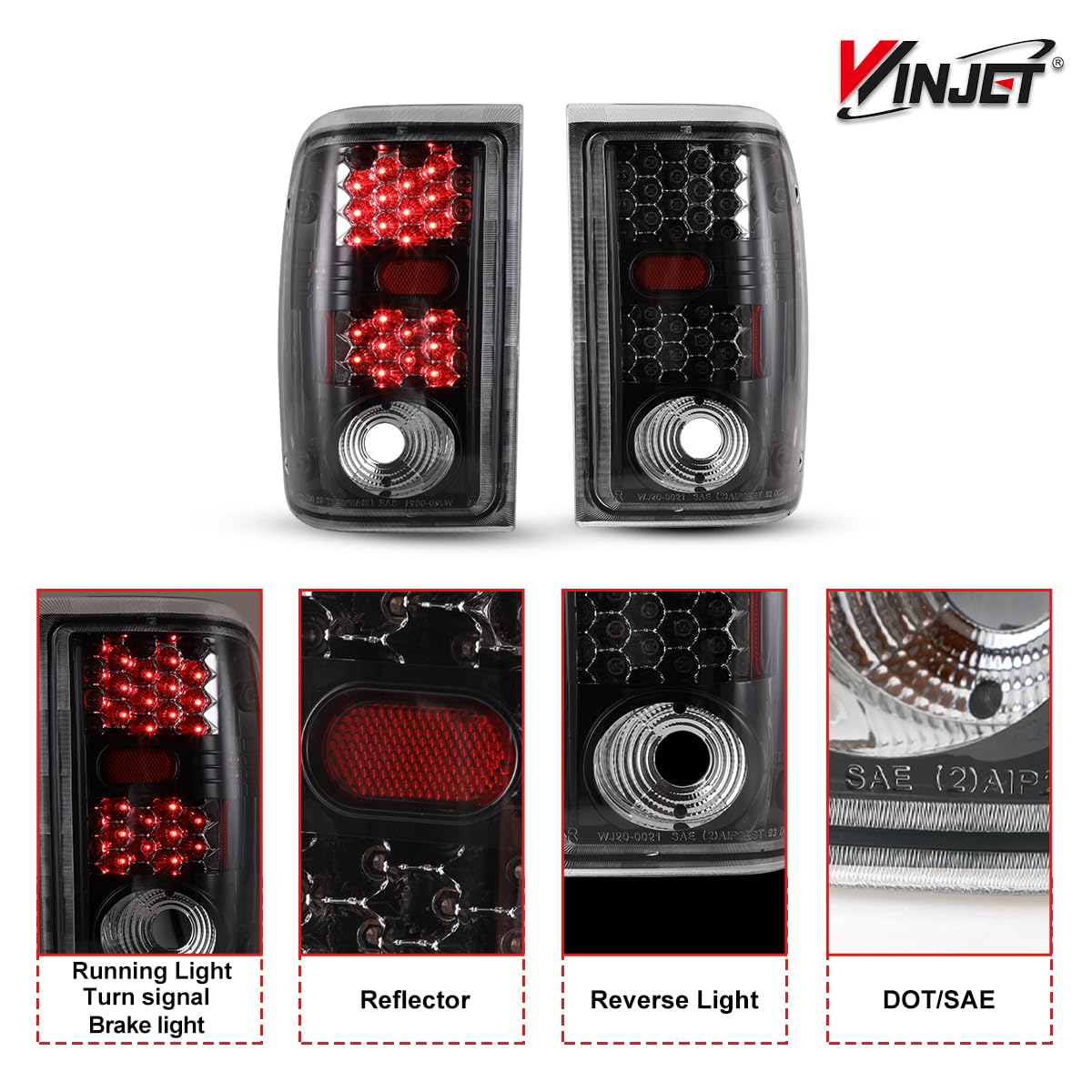 LED Tail Lights Assembly Winjet Fit For 2001 2002 2003 2004 2005 Ford Ranger, Taillights Replacement For Ford, Rear Lamps w/Turn Signal/Running/Brake/Reverse Light (Black Housing Clear Lens)