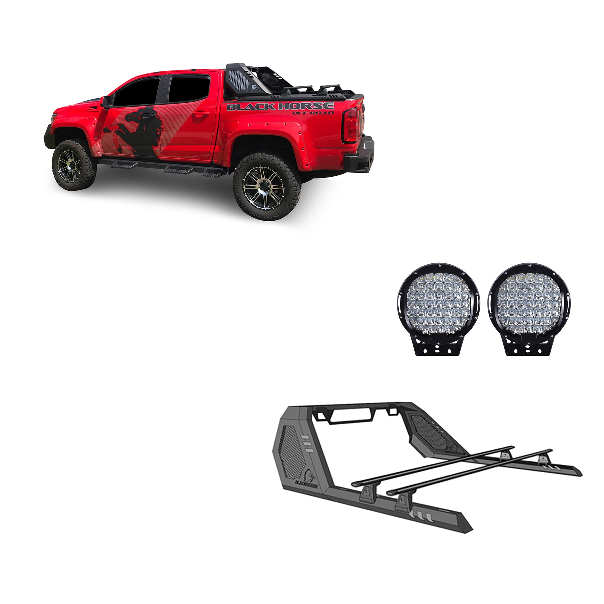 Vigor Black Horse Roll Bar W/Cross Bar Incl.Set of 9" Black Round LED Light Modular Black Compatible with 2015-2022 Chevrolet Colorado|2015-2022 GMC Canyon-VRCB6405B-PL69B