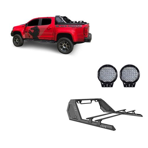 Vigor Black Horse Roll Bar W/Cross Bar Incl.Set of 9" Black Round LED Light Modular Black Compatible with 2015-2022 Chevrolet Colorado|2015-2022 GMC Canyon-VRCB6405B-PL69B