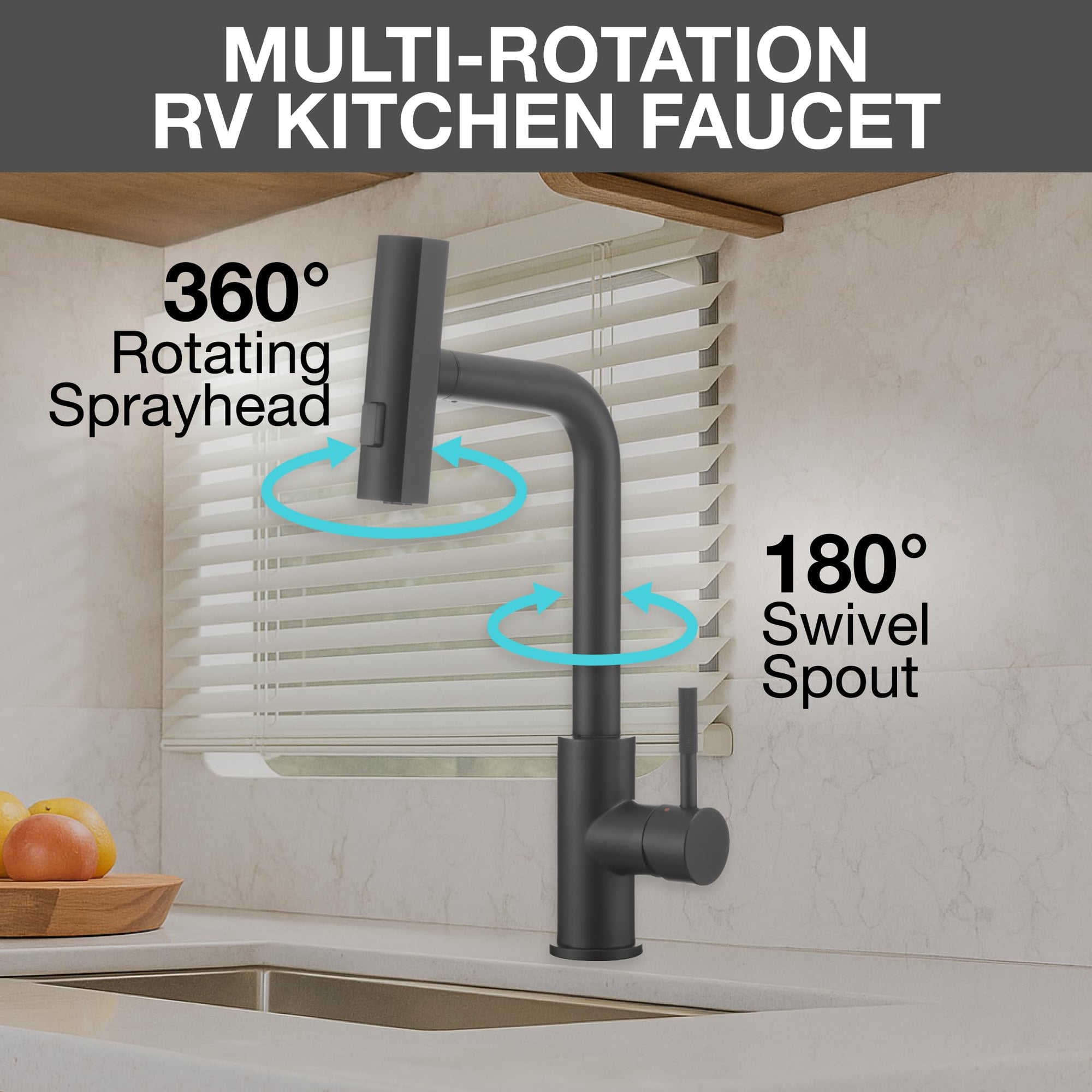 Rainfall Dura Faucet (DF-MK511X-MB) RV Kitchen Faucet – Matte Black, Dual-Mode Rotating Spray Head (Wide Waterfall & Stream), Single Lever Handle, Lead-Free, Easy Install Compact Sink Faucet