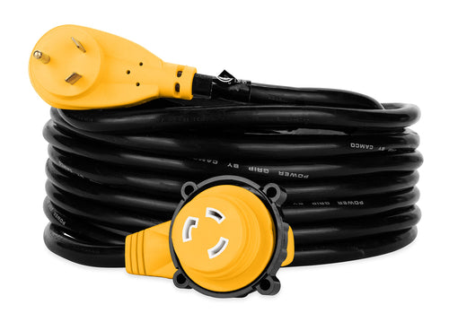 Power Grip Camco 25-Ft 30 Amp RV Extension Cord w/90° Locking End - Rated for 125V / 3,750W - Features Threaded Locking Ring for Weatherproof Connection & 10-Gauge Copper Wire (55524)
