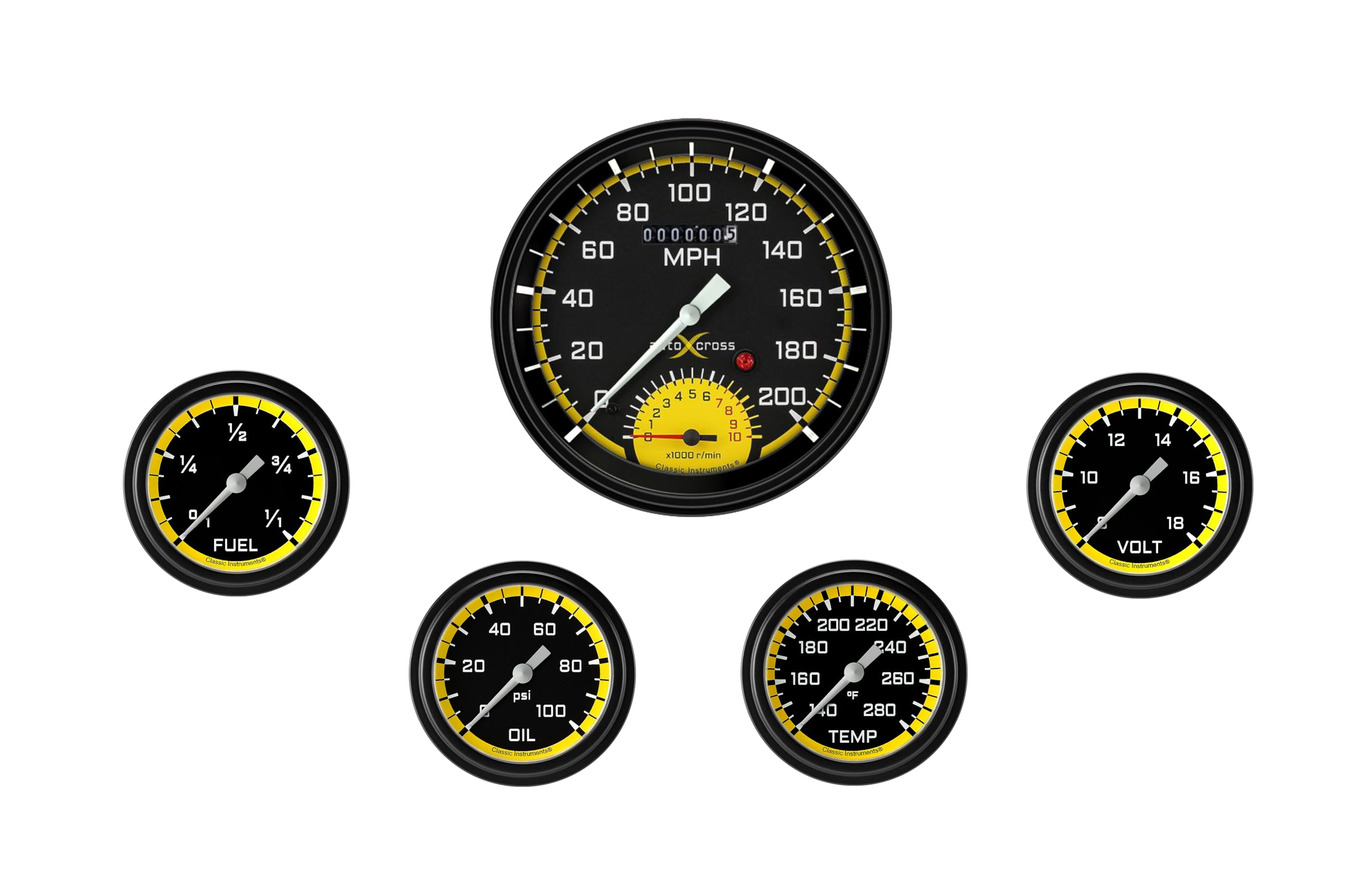AX365YBLF Classic Instruments Autocross Yellow Speedometer & 2 5/8" Full Sweep Fuel Oil Temp Volt Gauges - GM