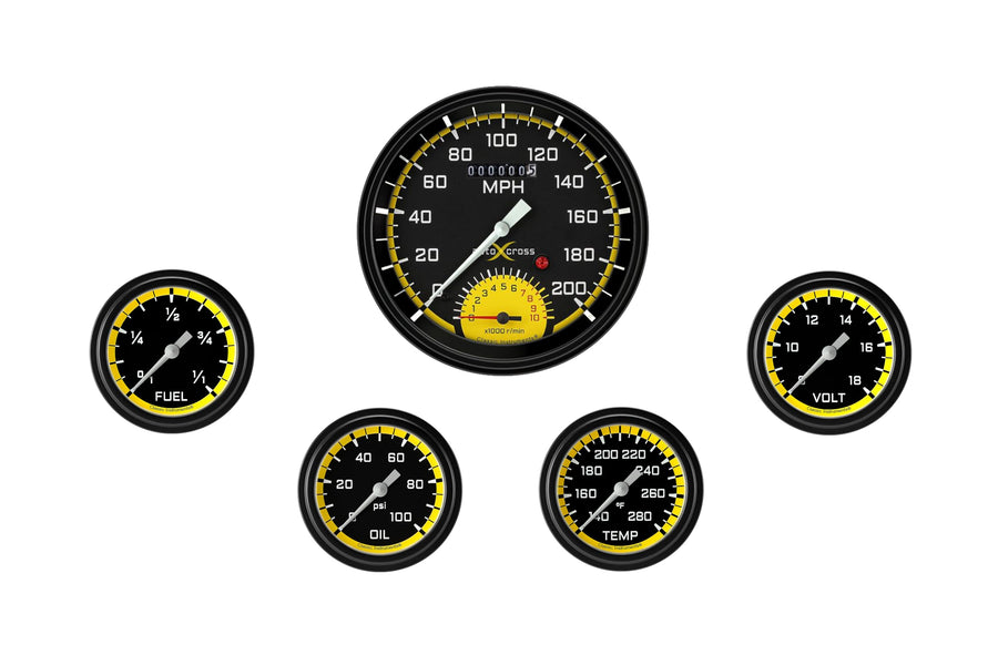 AX365YBLF Classic Instruments Autocross Yellow Speedometer & 2 5/8" Full Sweep Fuel Oil Temp Volt Gauges - GM