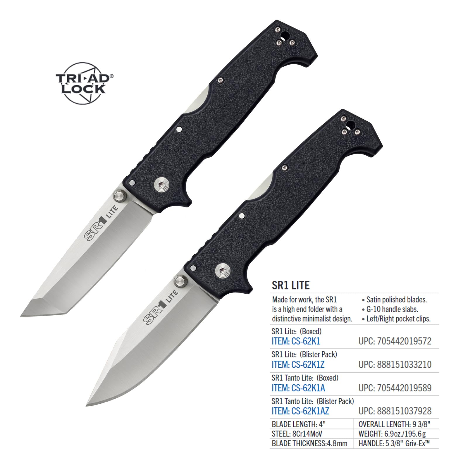 SR1 Lite Cold Steel 8Cr14MoV Steel 4" Clip Point Blade Griv-Ex Handle Folding Knife with Tri-Ad Locking Mechanism, Boxed