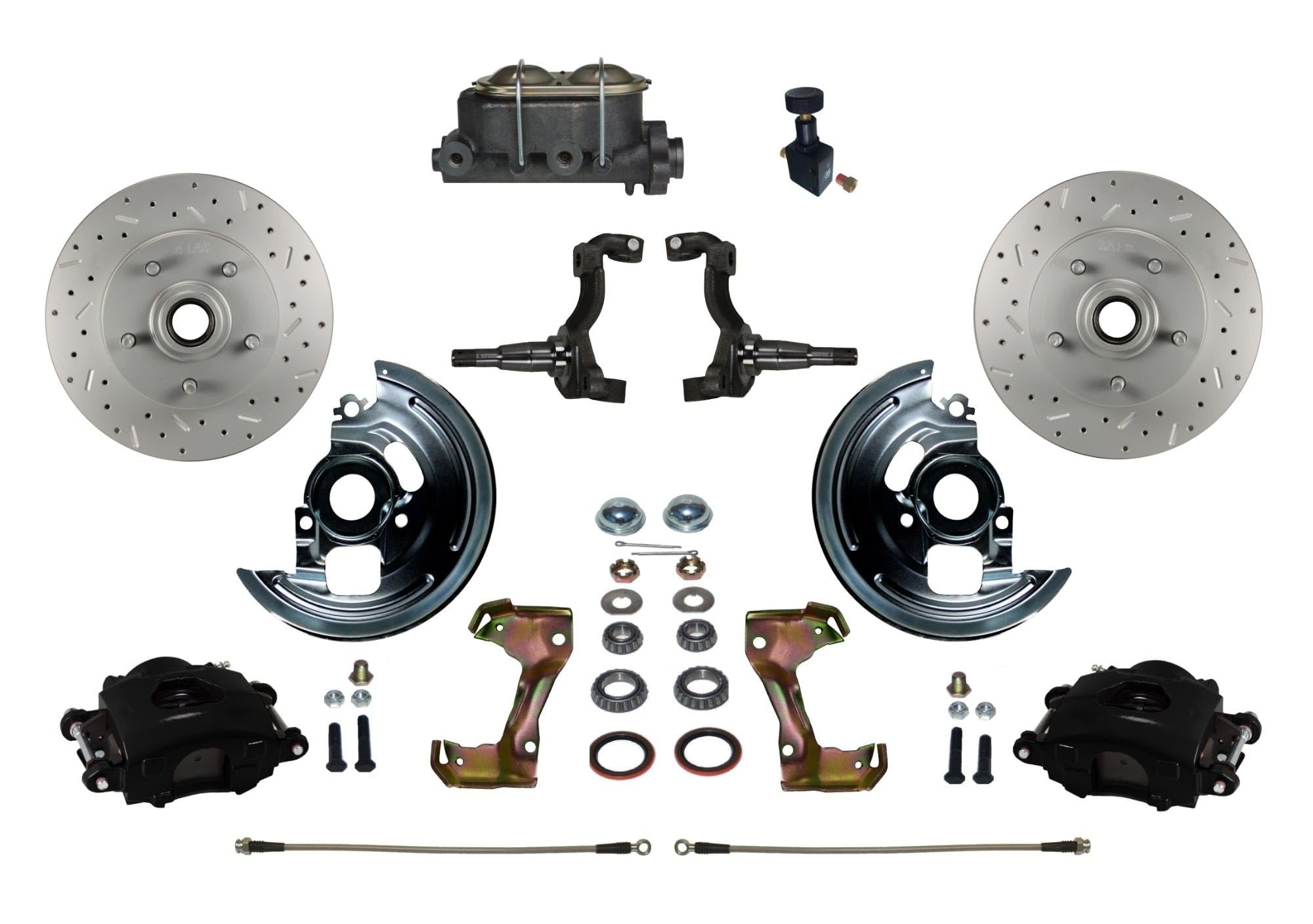 Manual Front Disc Brake Kit LEED BRAKES Drilled And Slotted Rotors, Black Powder Coated Calipers With Adjustable Proportioning Valve