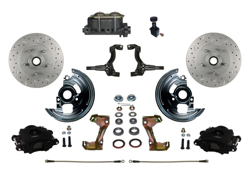 Manual Front Disc Brake Kit LEED BRAKES Drilled And Slotted Rotors, Black Powder Coated Calipers With Adjustable Proportioning Valve