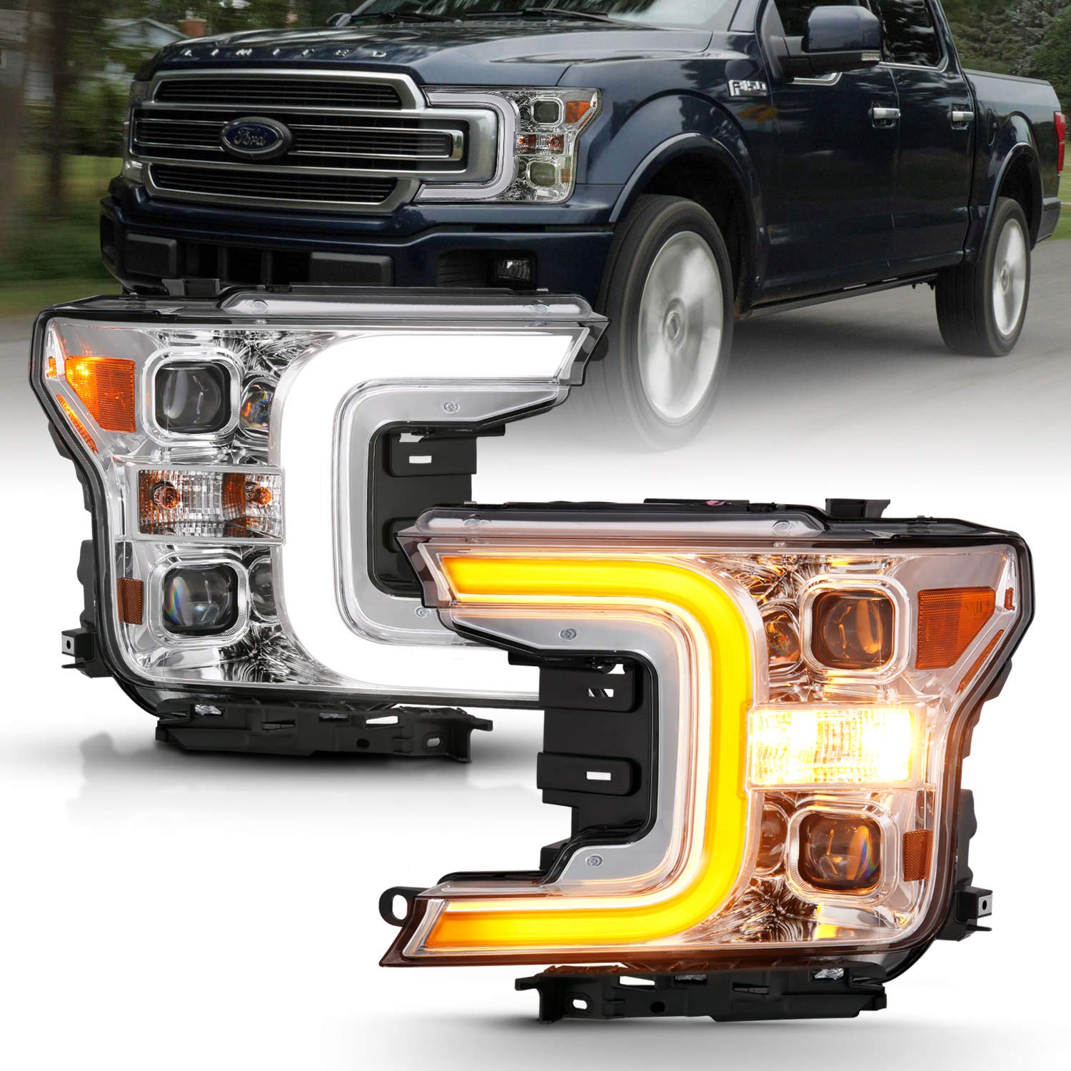 FORD F-150 ANZO USA 18-19 LED PROJECTOR PLANK STYLE SWITCHBACK HEADLIGHTS CHROME AMBER