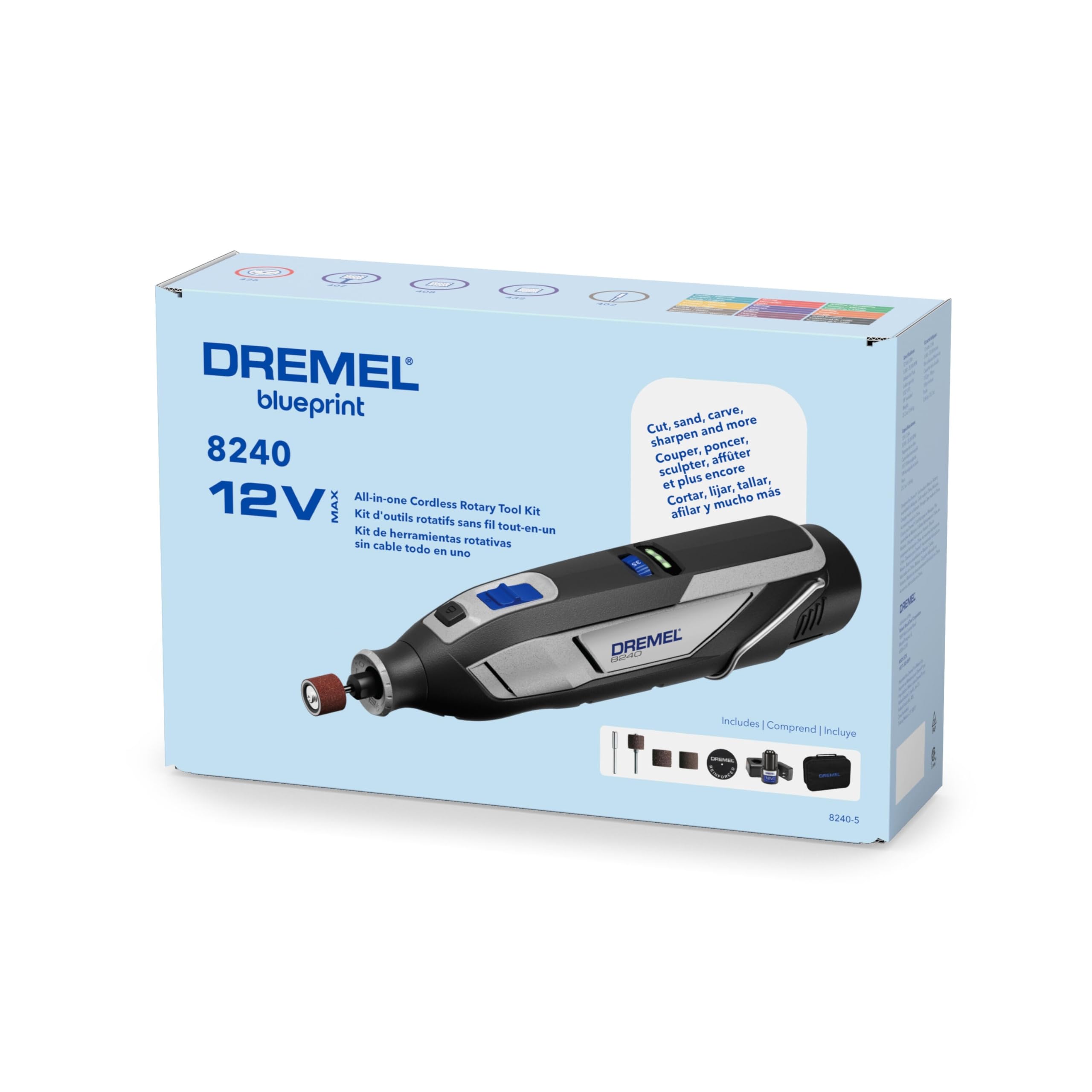 12V Cordless Rotary Tool Kit Dremel 8240-5 with Variable Speed and Comfort Grip - Includes 2AH Battery Pack, Charger, 5 Accessories, Wrench, and Tool Fabric Carry Bag