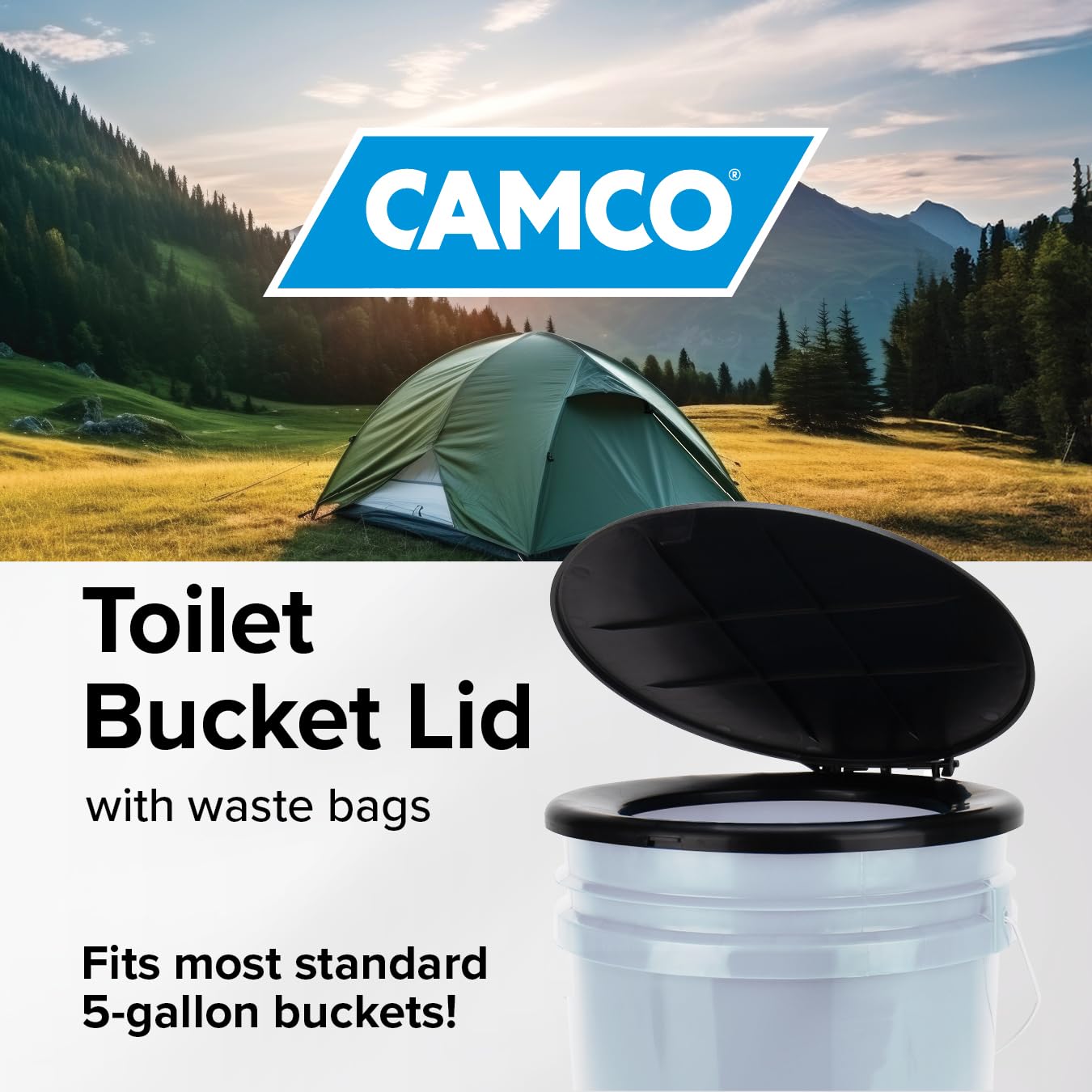 Bucket Toilet Seat with Lid Camco - Converts Standard 5 Gallon Bucket into Portable Toilet for Camping - Convenient Camping Toilet for Hunting & More - Includes 3 RV Toilet Waste Bags (41546)