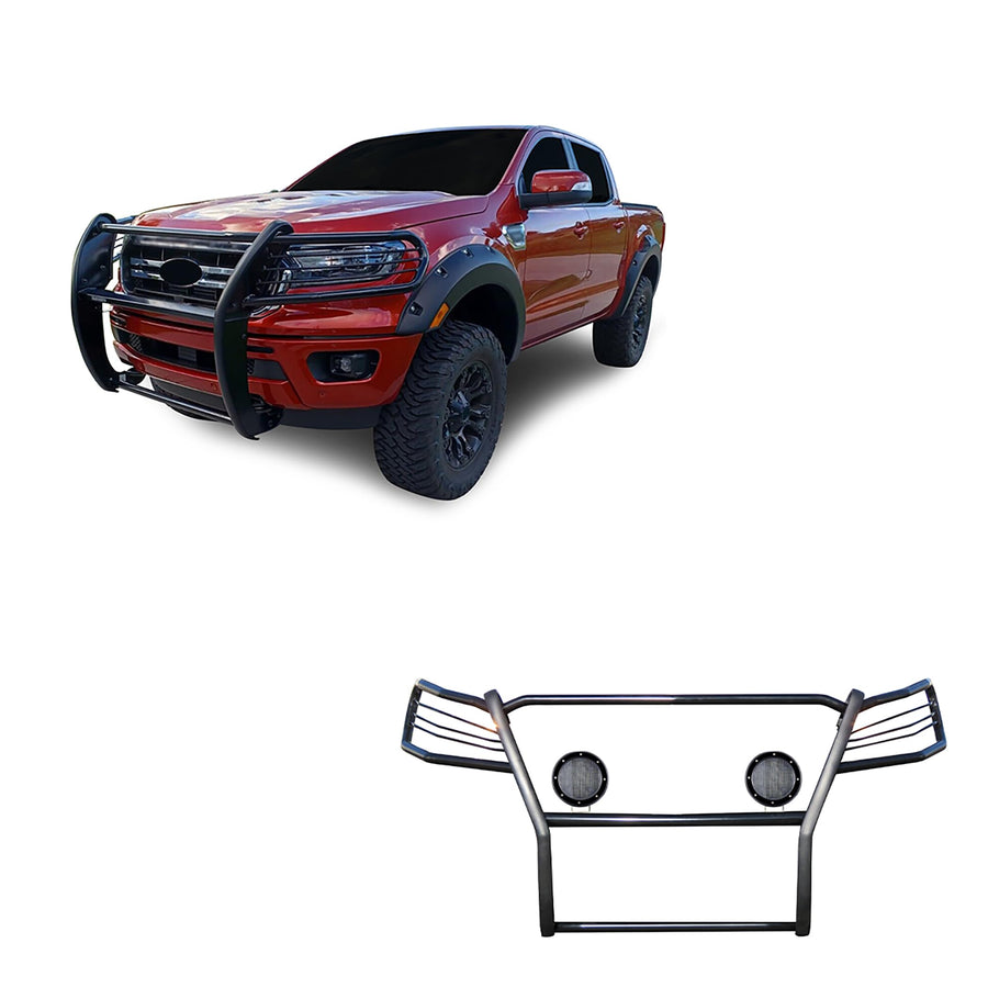 Bumper Guard Black Horse Grille Brush Modular Black Come with Pair of 5.3" Dia.LED Lights with Black Trim Rings Compatible with 2019-2023 Ford Ranger-17FP10MA-PLFB