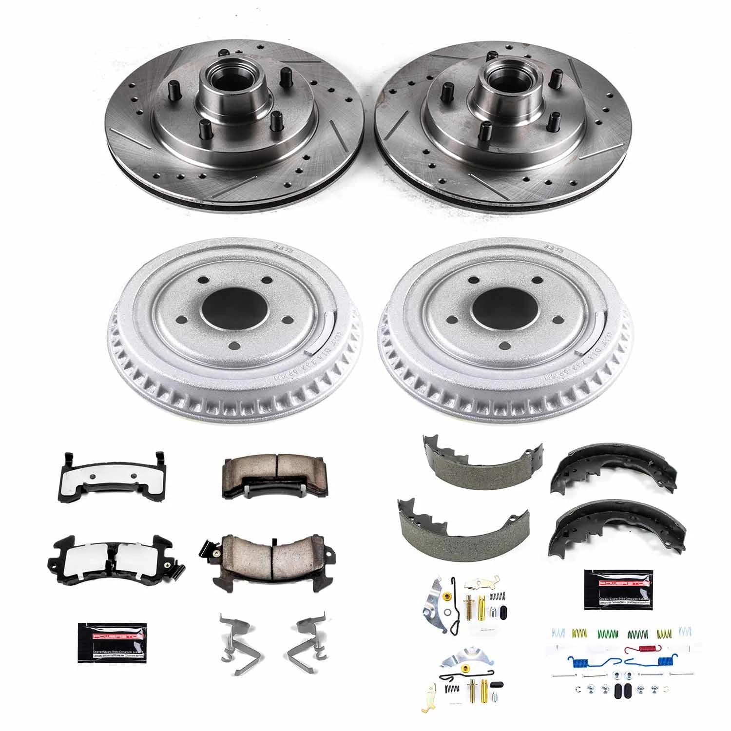 Power Stop Brake Kit Front and Rear For 1982 1983 Buick Regal 1982 1983 Chevrolet Camaro - Truck & Tow Carbon Fiber Ceramic Pads, Drums, & Drilled and Slotted Rotors Replacement, K15042DK-36