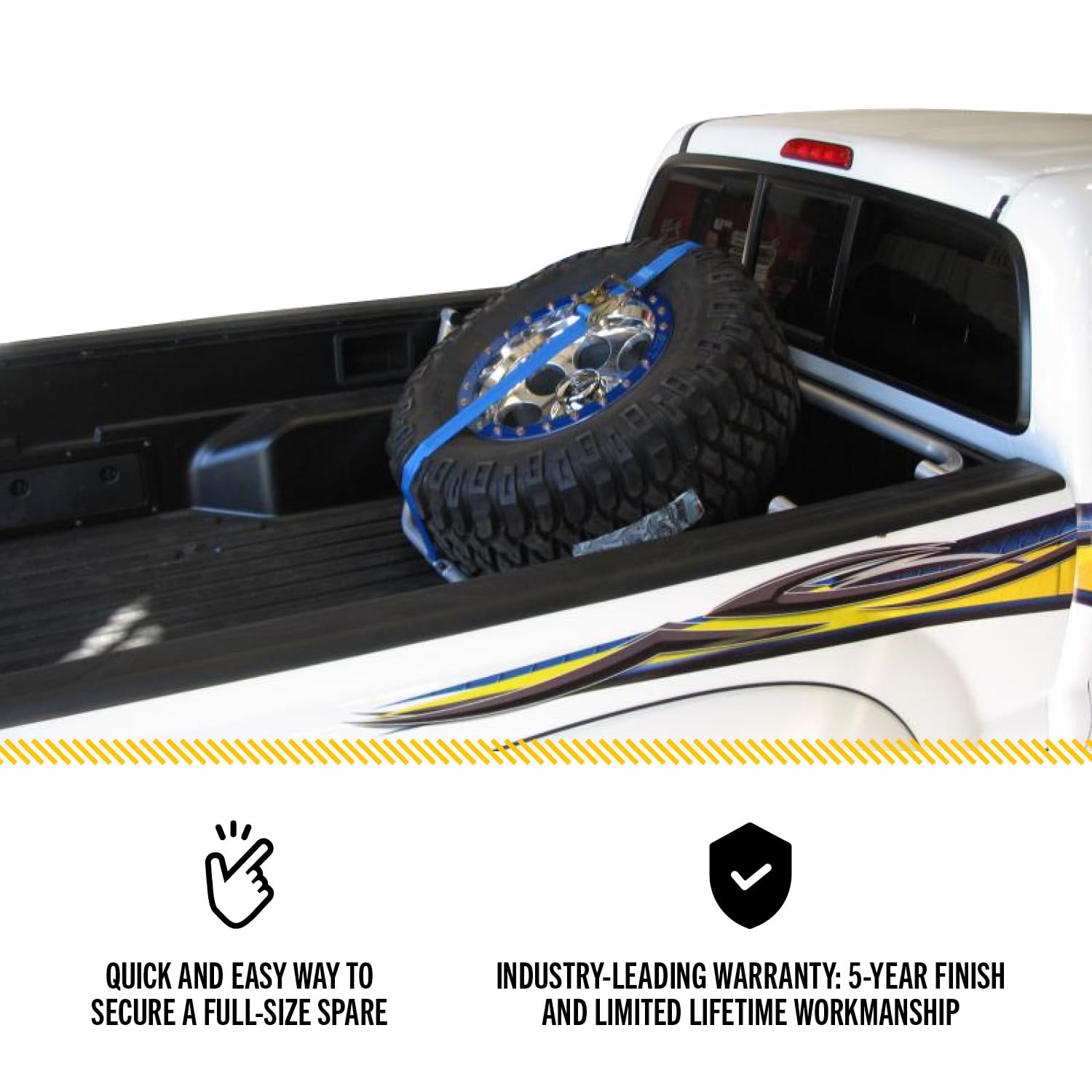 Truck Bed Tire Carrier RealTruck | Textured Black, Blue Strap, Solid Welded Construction | BM1TCBK-TX | Universal