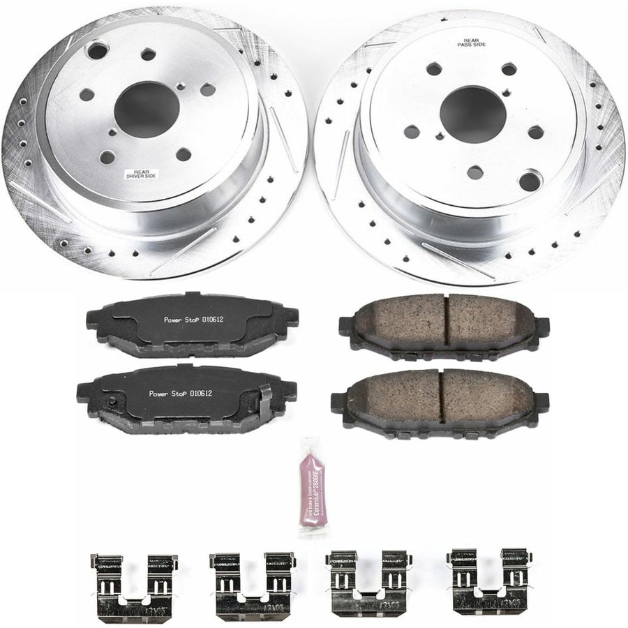 Rear Power Stop K6977 Z23 Carbon Fiber Brake Pads with Drilled & Slotted Brake Rotors Kit For Subaru WRX 2015-2021 [Model Specific]