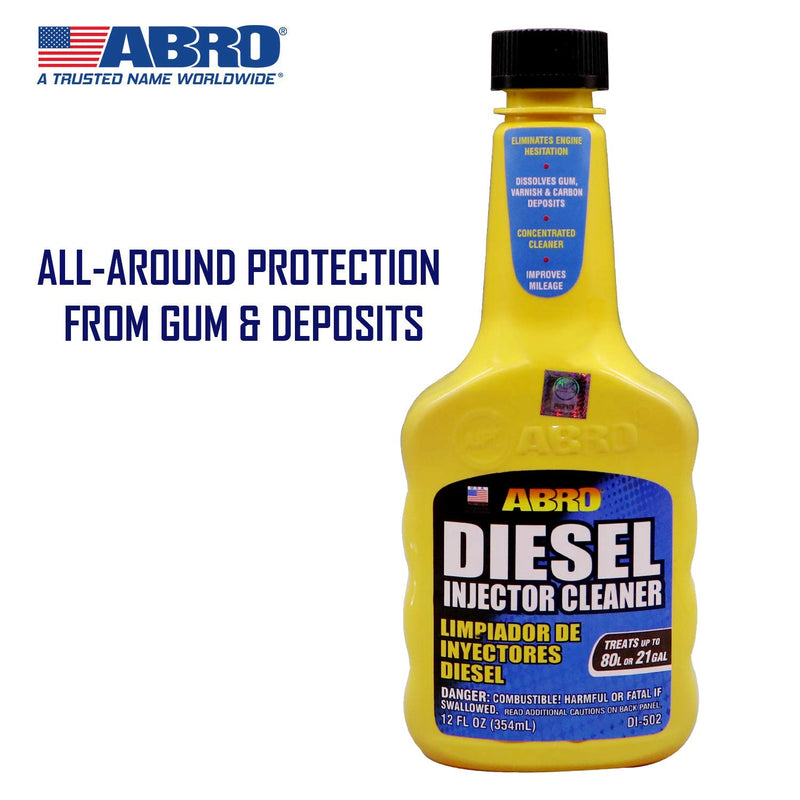 Diesel Injector Cleaner ABRO, 12 oz., Concentrated Fuel System Cleaner, Fuel Injector Cleaner, Diesel Fuel Additive, Improves Mileage, Eliminates Engine Hesitation, Treats Up to 21 Gallons