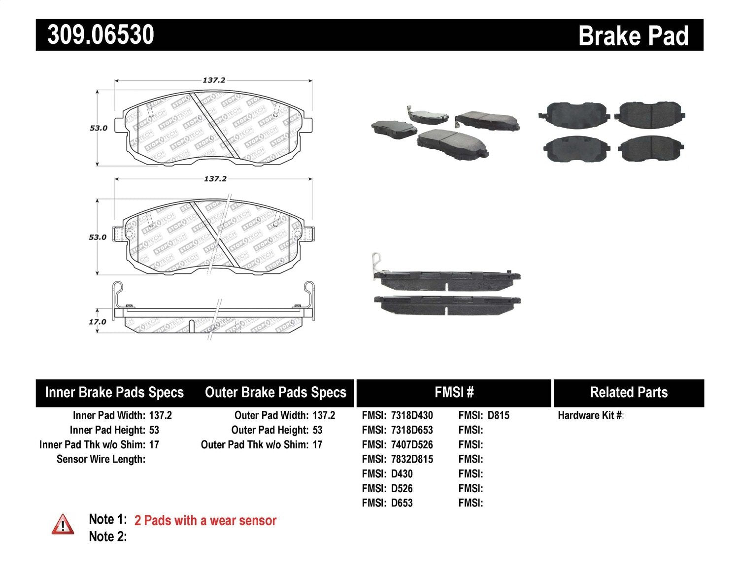 Sport Brake Pads StopTech 309.06530 with Shims and Hardware