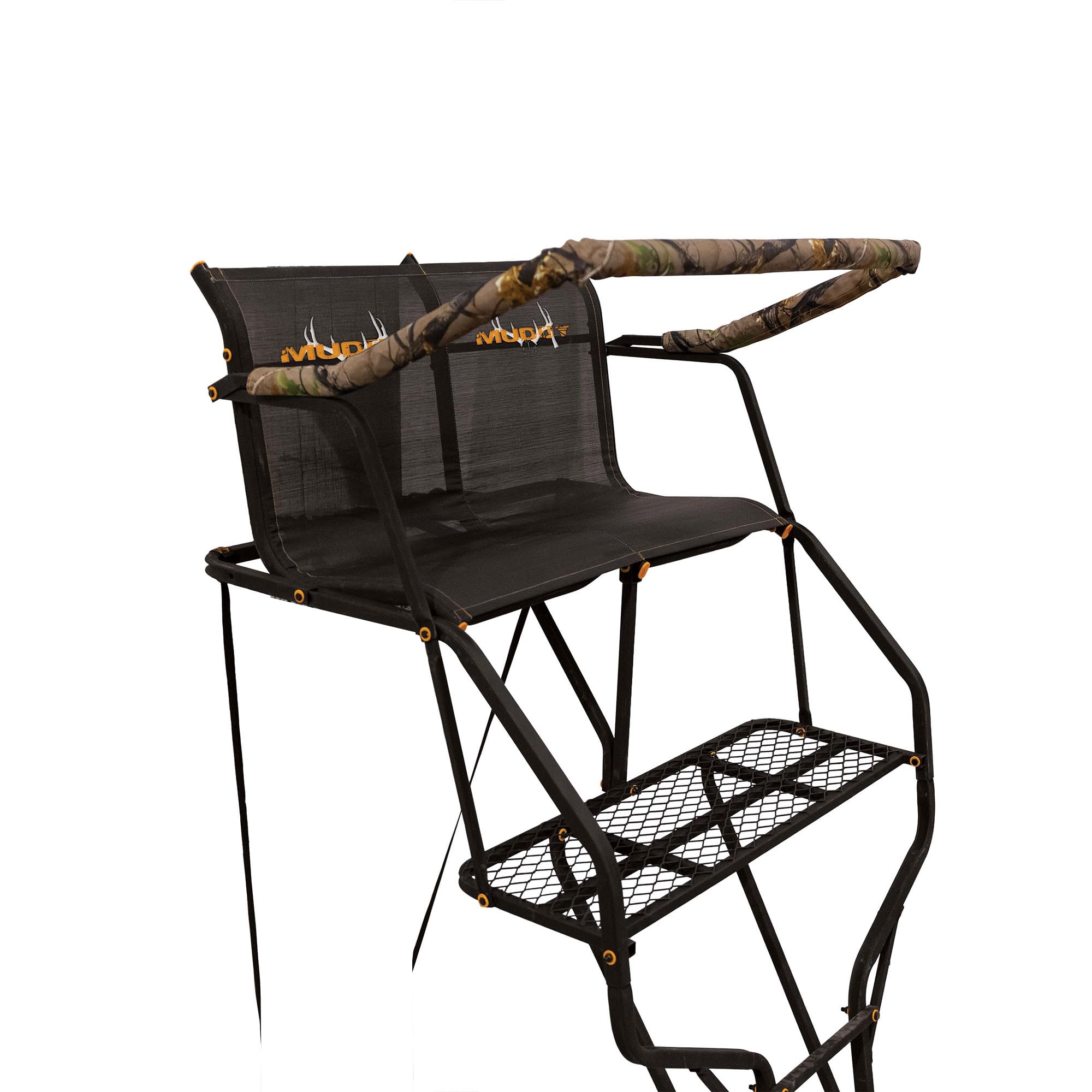 Double Droptine MUDDY Deer Hunting Ladderstand, 2 Person Climbing Tree Stand with Flex-Tek Seat and Padded Adjustable Shooting Rail