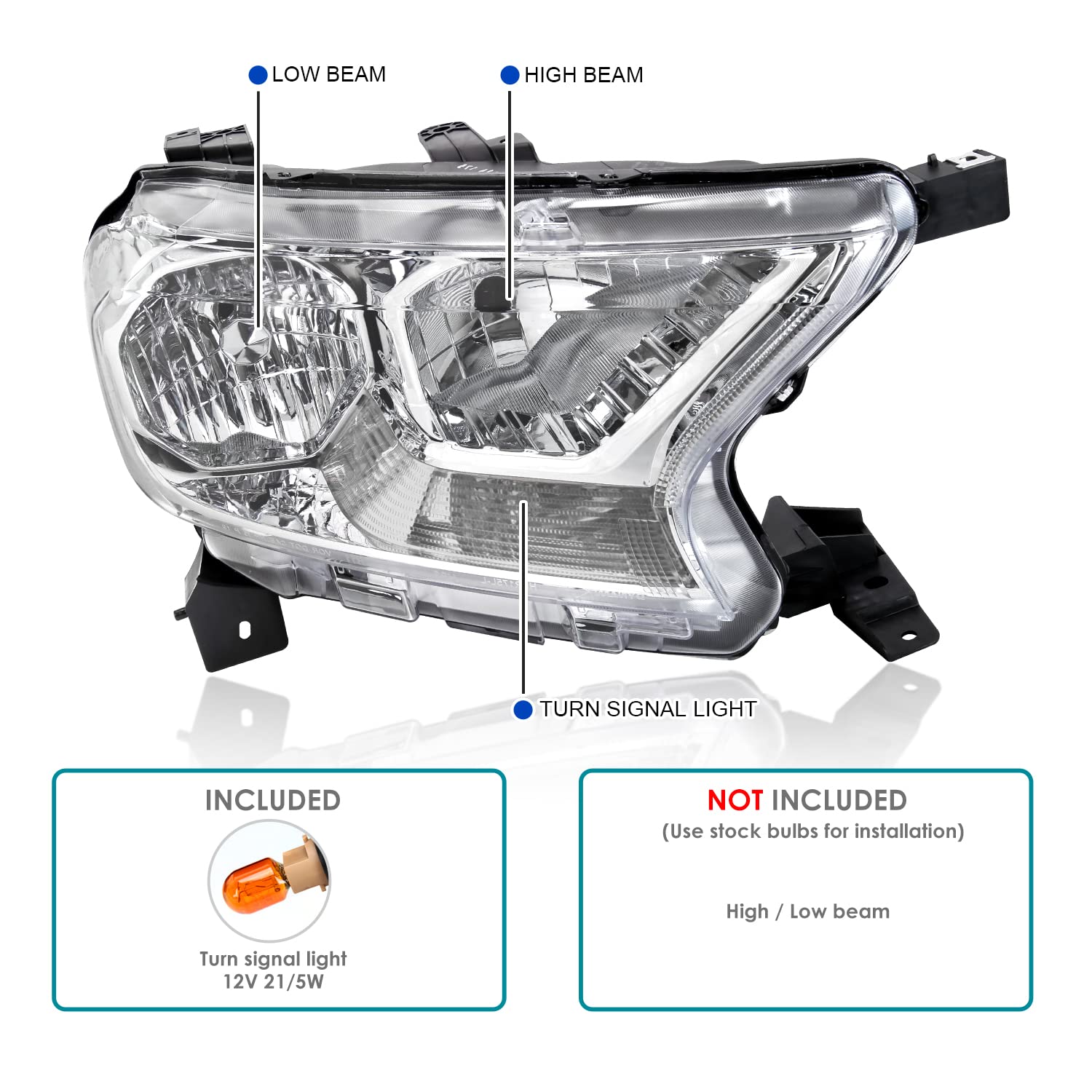 Chrome Housing Spec-D Tuning Clear Lens Headlights Compatible with Ford Ranger XL/XLT 2019-2022, L+R Pair Head Lights Lamps