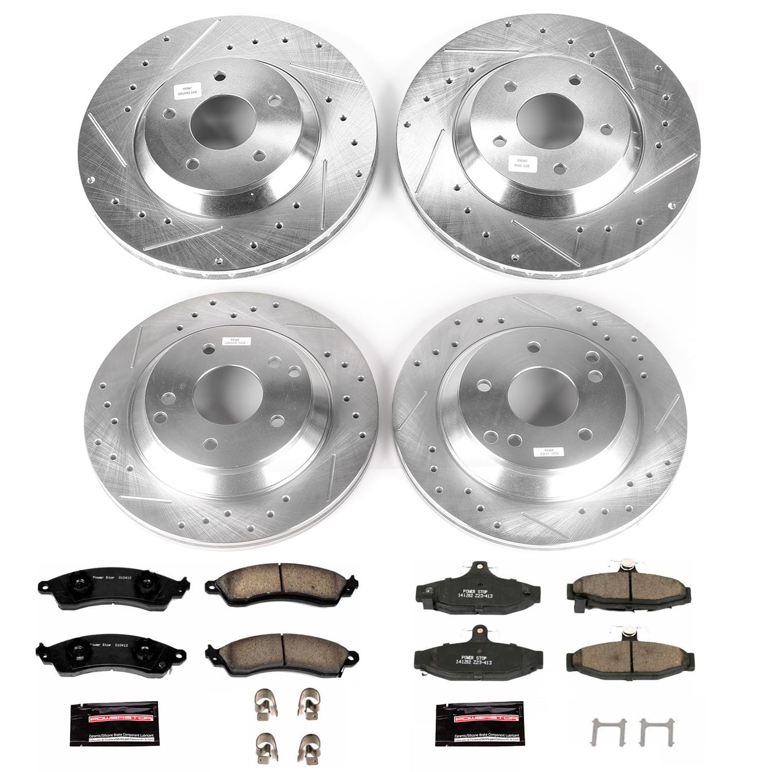 Power Stop K1528 Z23 Carbon Fiber Brake Pads Front and Rear with Drilled & Slotted Brake Rotors Kit For Chevrolet Corvette 1988-1996 [Model Specific]