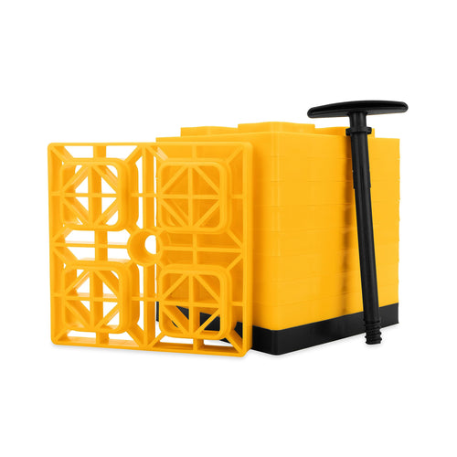 Camco Leveling Blocks FasTen Camper / RV - Features Interlocking Design for Customizable Height - Carrying Handle Twists to Secure Blocks for RV Storage - 8.5” x 8.5” x 1”, Yellow, 10-Pack (44512)
