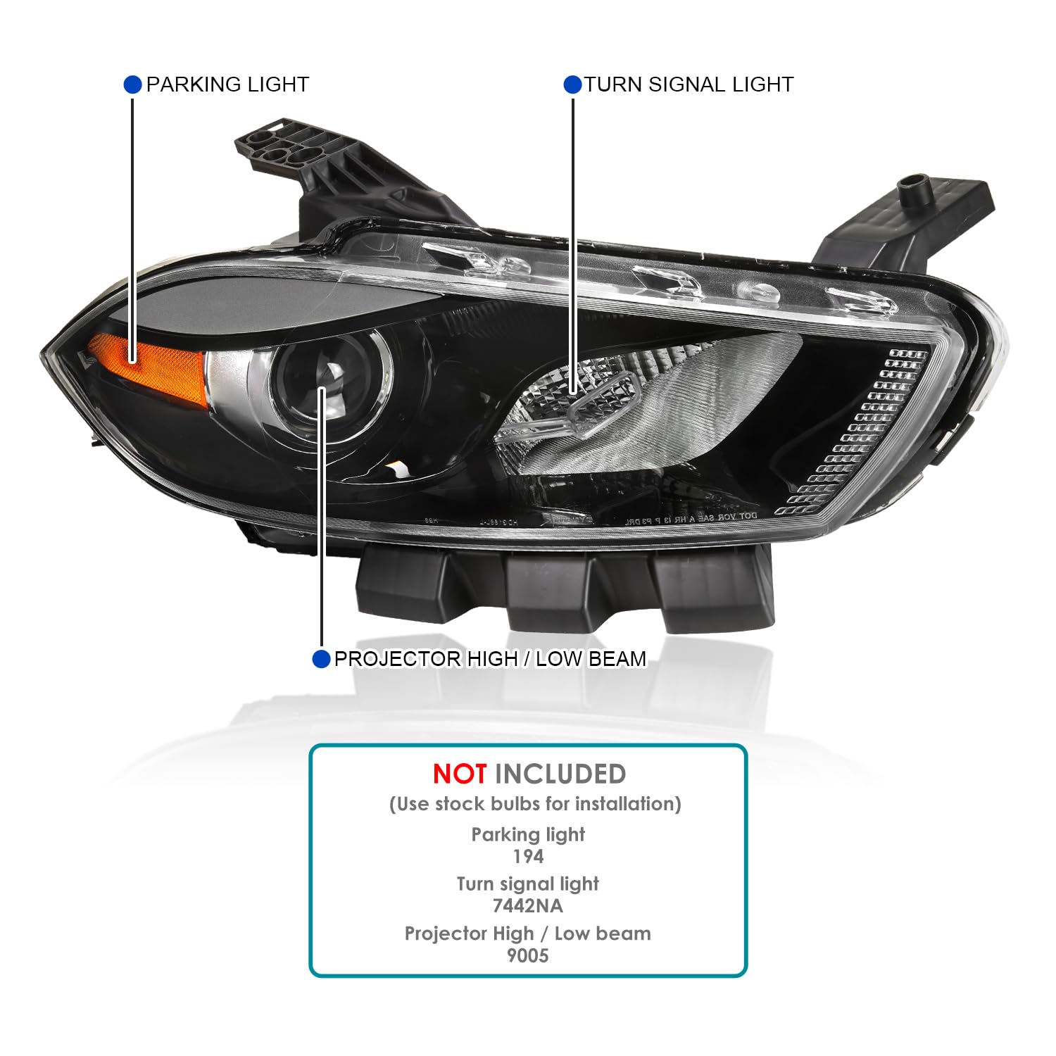 Left Driver Side SPEC-D TUNING Black Projector Headlight Compatible with 2013-2016 Dodge Dart
