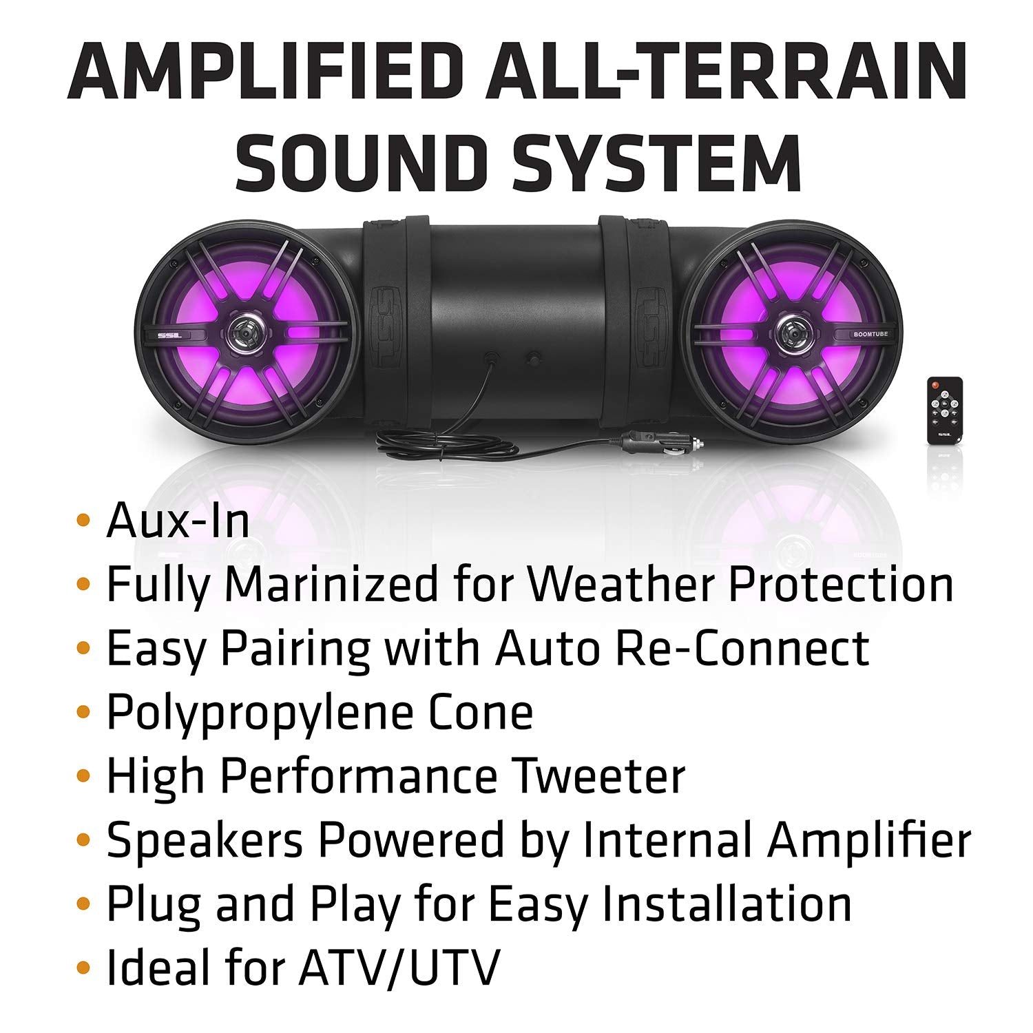 Soundstorm 8 Inch BTB8L 700W Bluetooth Amplified Marine Powersports UTV ATV Tube Speaker System with LED Lights, Black