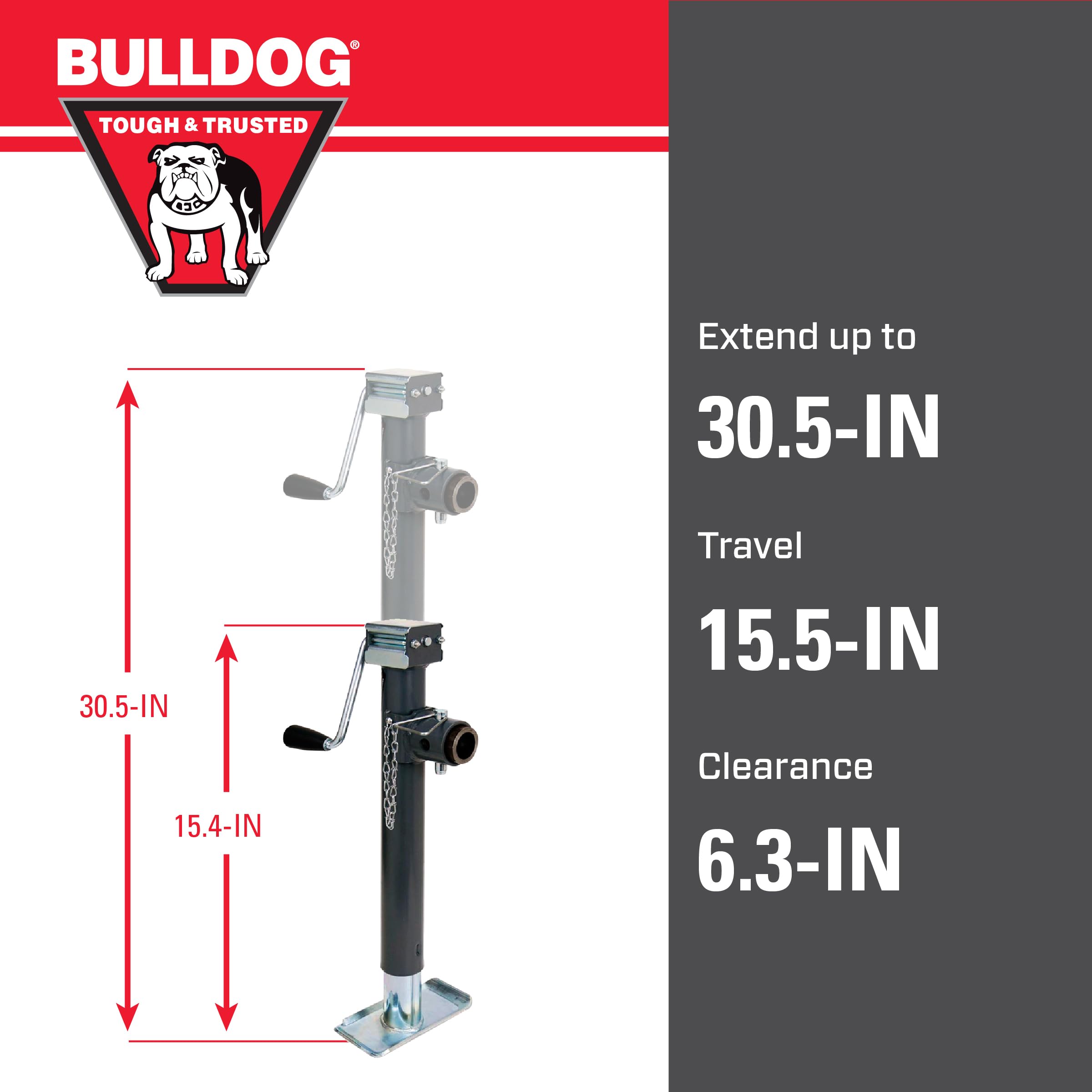 178203 Bulldog Round Trailer Jack, Side Mount, 5,000 lbs. Lift Capacity, Sidewind, Weld-On, Includes Footplate, 15 Inch Travel