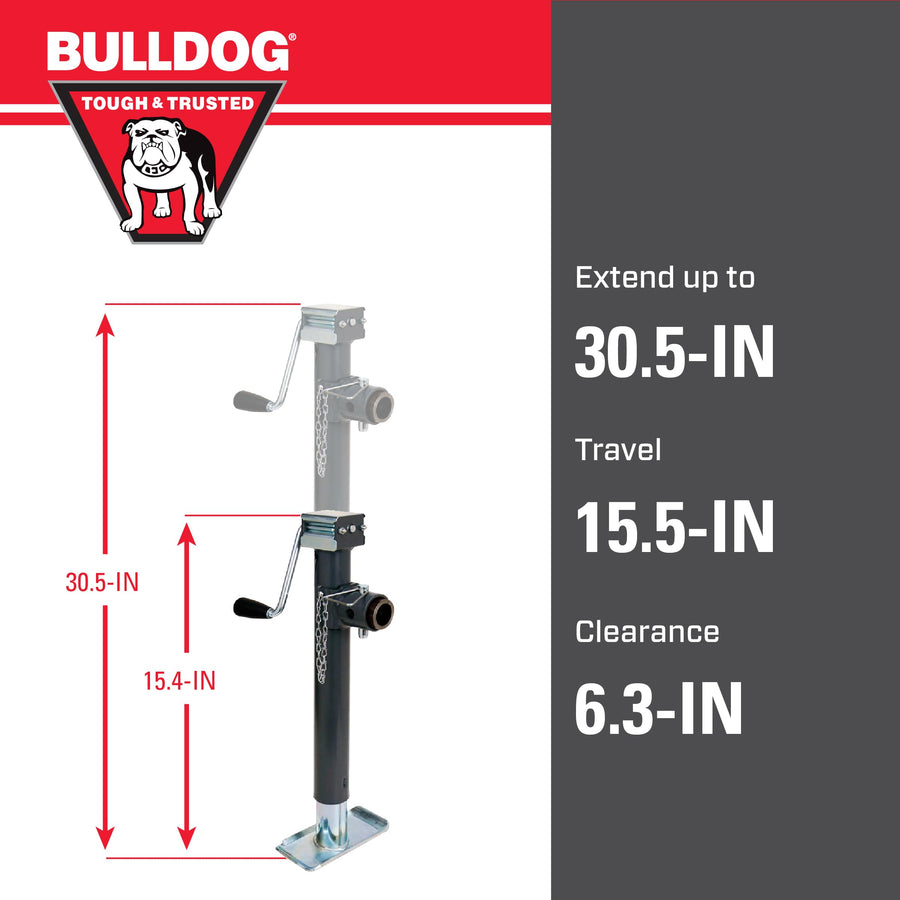 178203 Bulldog Round Trailer Jack, Side Mount, 5,000 lbs. Lift Capacity, Sidewind, Weld-On, Includes Footplate, 15 Inch Travel