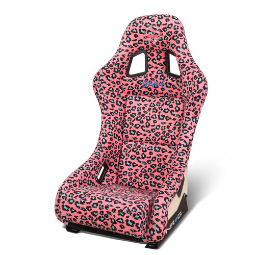 NRG Innovations Prisma FRP-303-PK-SAVAGE Fixed Back Bucket Racing Seat with Bottom Mount Bracket,Pink Savage Cheetah/White Pearl Back