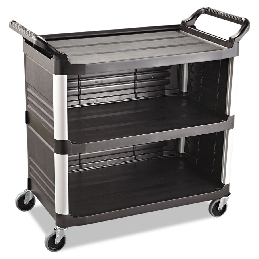 Xtra Rubbermaid Commercial Products Utility Cart with Wheels 300-Pound Capacity 20w x 40-5/8d x 37-4/5h Black Three Shelf Cart for Kitchen/Restaurant/Cafeteria/School/Storage