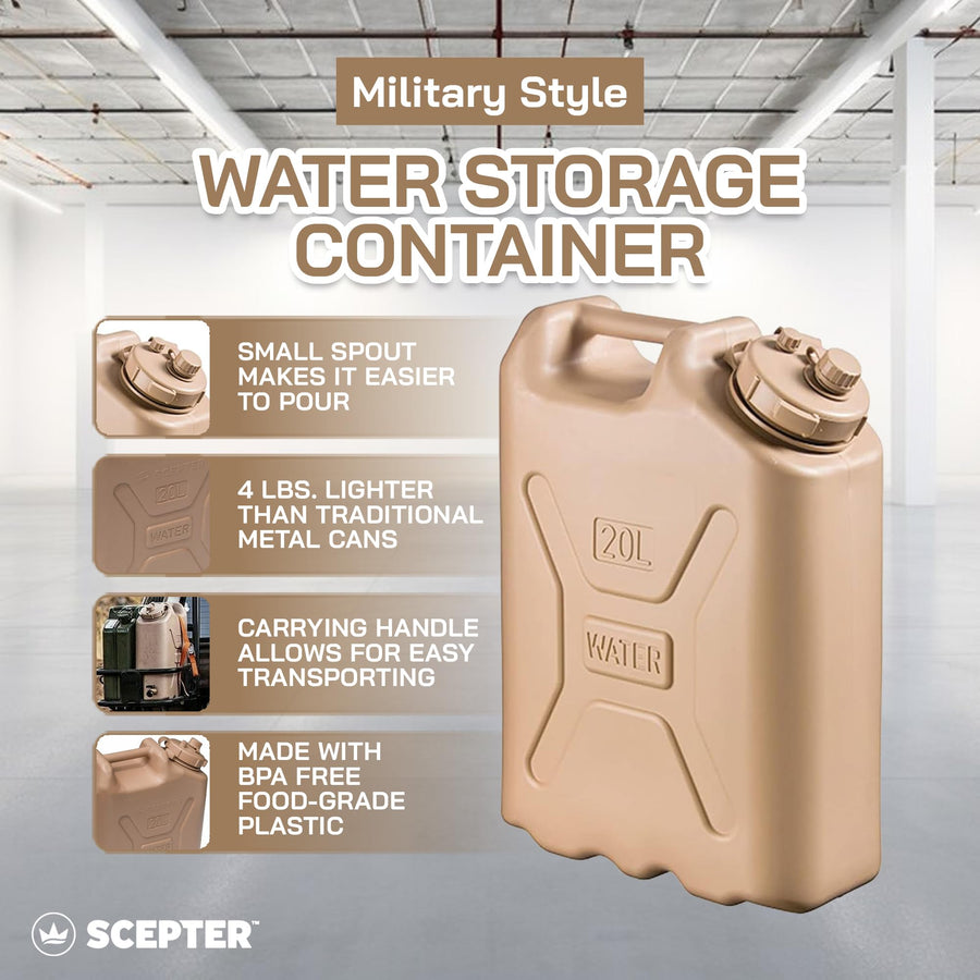 Scepter Military Style Portable Water Container for Camping and Outdoors, 5 Gallon, Sand - Heavy-Duty Plastic Beverage and Hydration Dispenser for Outdoor Trip