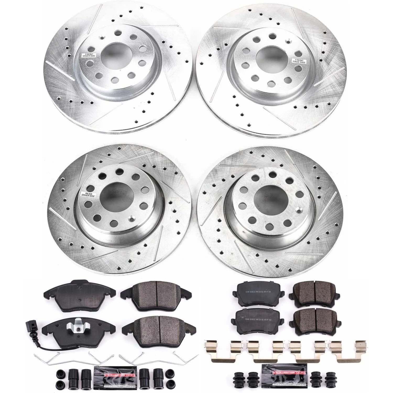Power Stop K7838 Z23 Carbon Fiber Brake Pads Front and Rear with Drilled & Slotted Brake Rotors Kit For Volkswagen Passat 2009 [Model Specific]