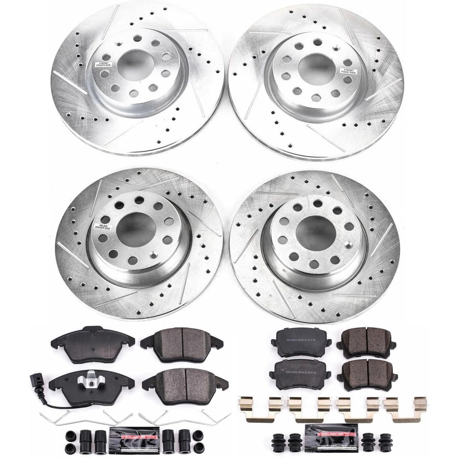 Power Stop K7838 Z23 Carbon Fiber Brake Pads Front and Rear with Drilled & Slotted Brake Rotors Kit For Volkswagen Passat 2009 [Model Specific]