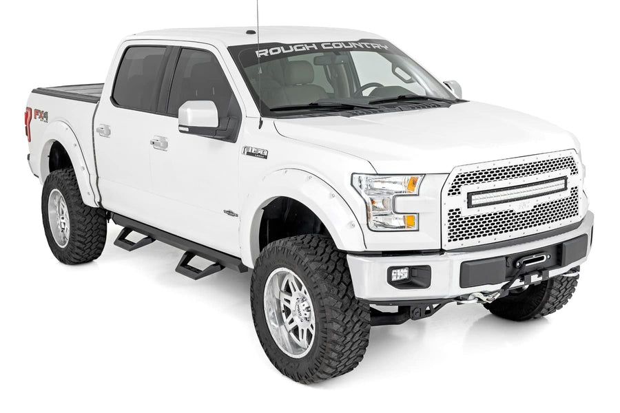 Rough Country Adjustable SRX2 Aluminum Steps for Ford F-150/Lightning/F-250/F-350/Raptor (2015-2025) Crew Cab - Modular Running Boards with Slide-Adjust Steps
