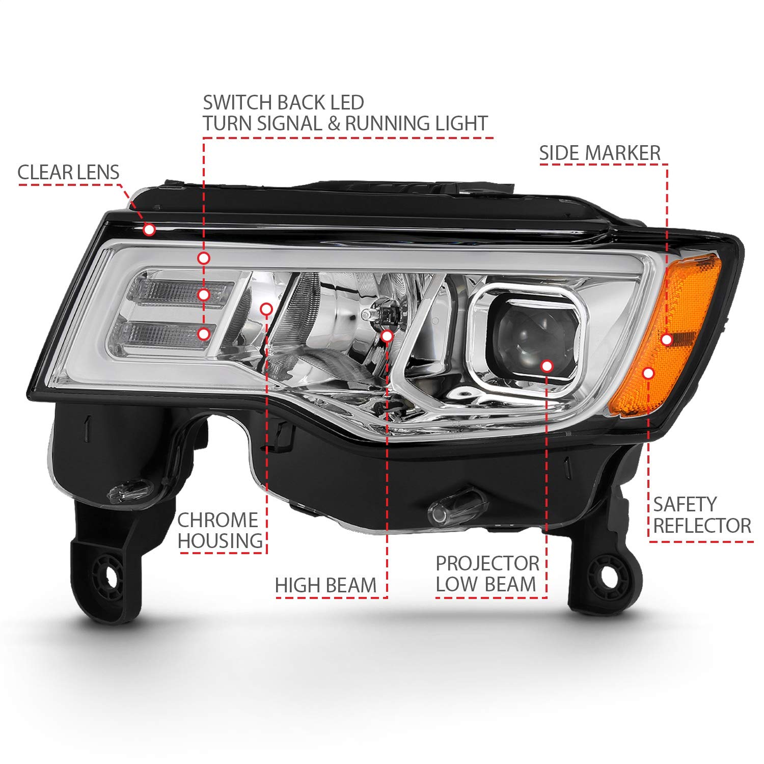 2017-2018 Jeep Grand Cherokee ANZO (111419) Projector Headlights w/Plank Style Switchback - Chrome w/Amber