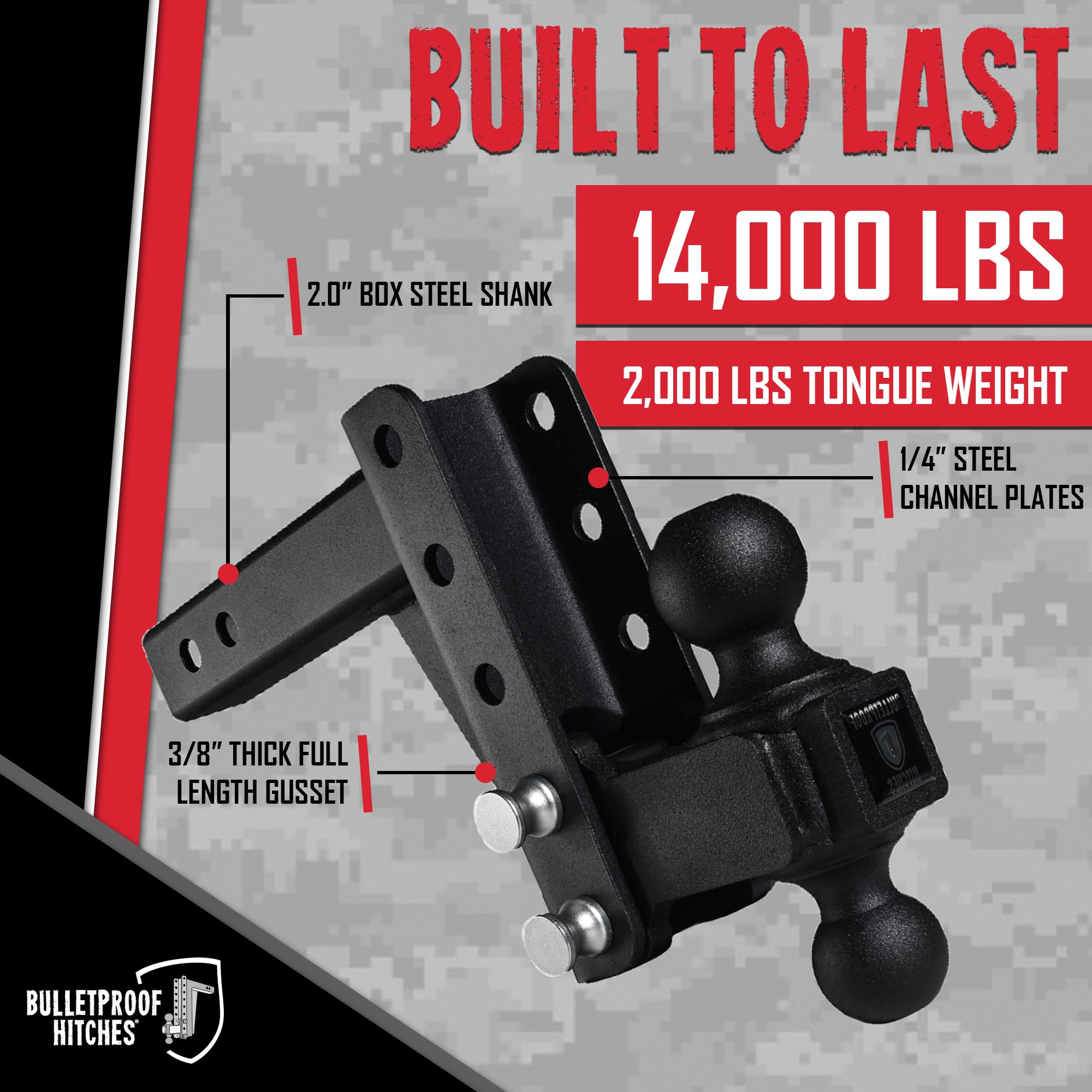2.0" BulletProof Hitches Adjustable Medium Duty Trailer Hitch (14,000 lb. Rating) - 4" Drop/Rise Trailer Hitch with 2" & 2-5/16" Dual Ball - Powder Coat, Box Steel, Corrosion-Resistant