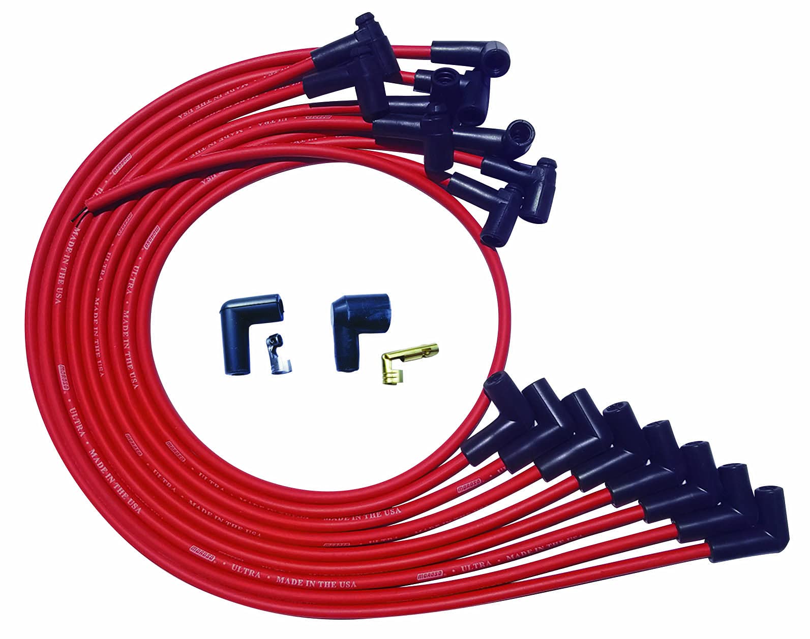 Moroso Ultra Series Red Spark Plug Wires, Over Valve Cover Routing Small Block Chevy, 90 Degree Plug Ends, HEI Distributor