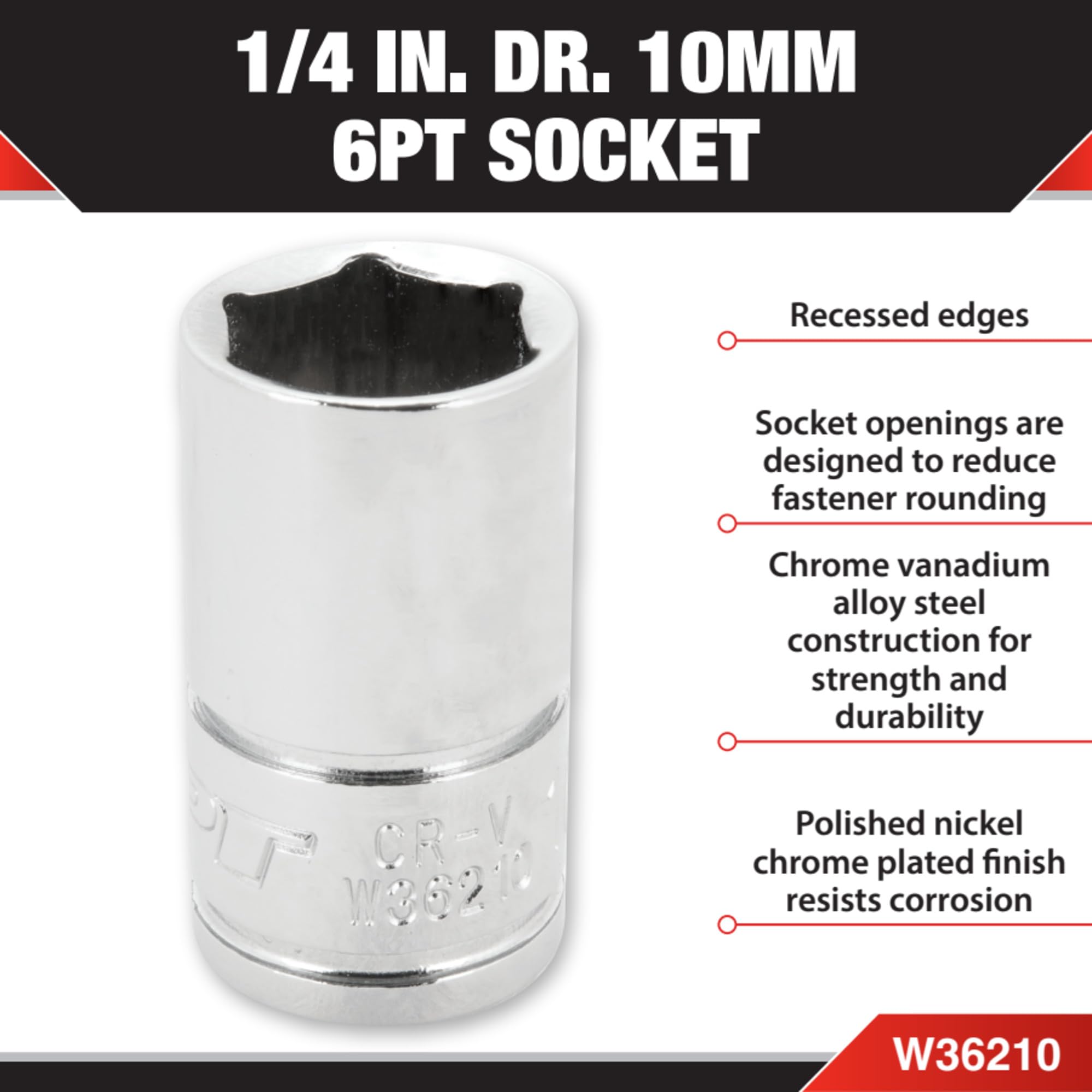 1/4 Drive Performance Tool W36210 Chrome 6-Point Socket, 10mm