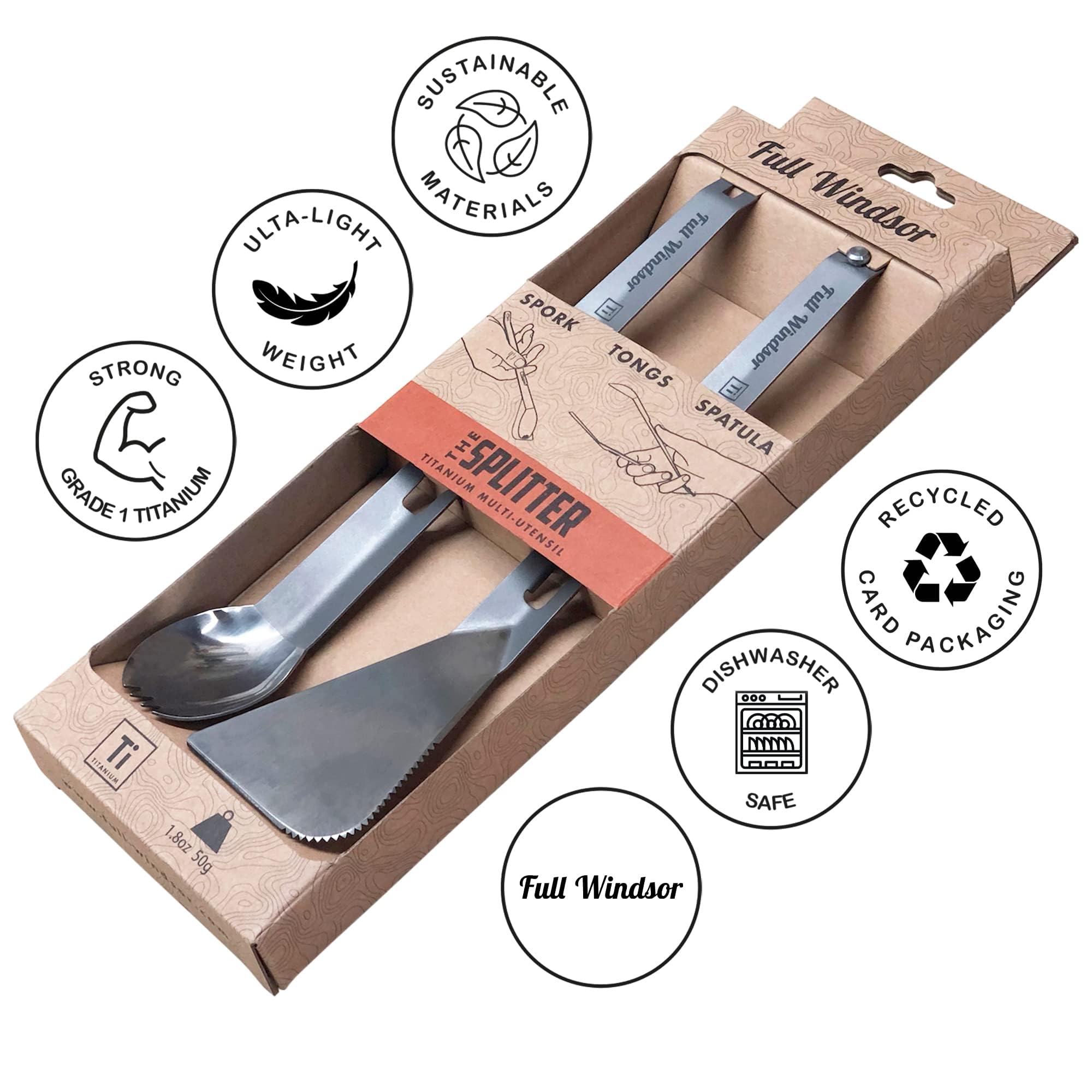 The Splitter - FULL WINDSOR Titanium Multi-Utensil Set – Compact, Lightweight Silver Spork, Tongs, Spatula & Ladle – Durable Cooking Kit for Camping, BBQ, Backpacking, Travel & Outdoor Adventures