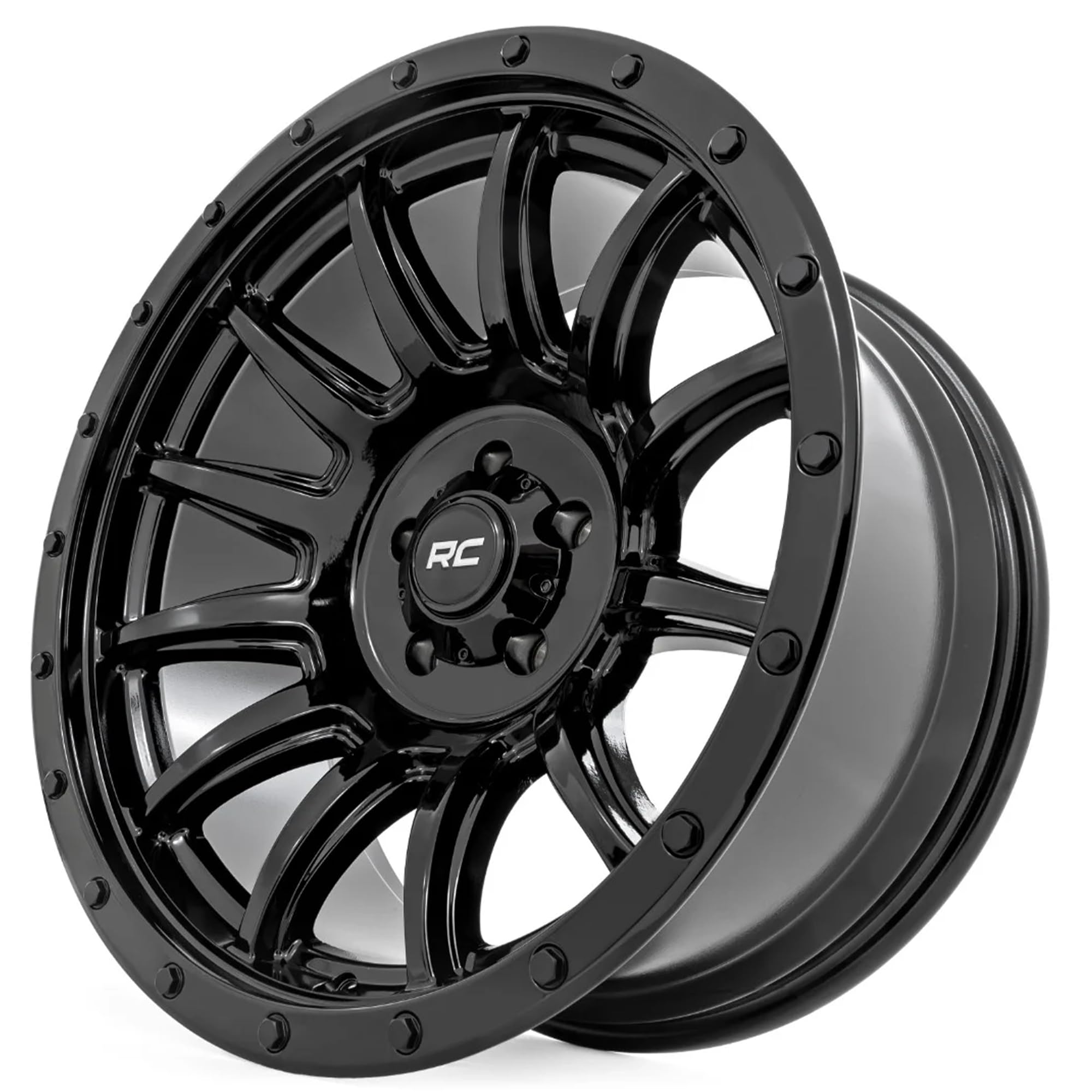 90 Series Rough Country One-Piece Aluminum Wheel - 18 x 9, 6x5.5" Bolt Pattern, 12mm Offset, Gloss Black 12-Spoke Design